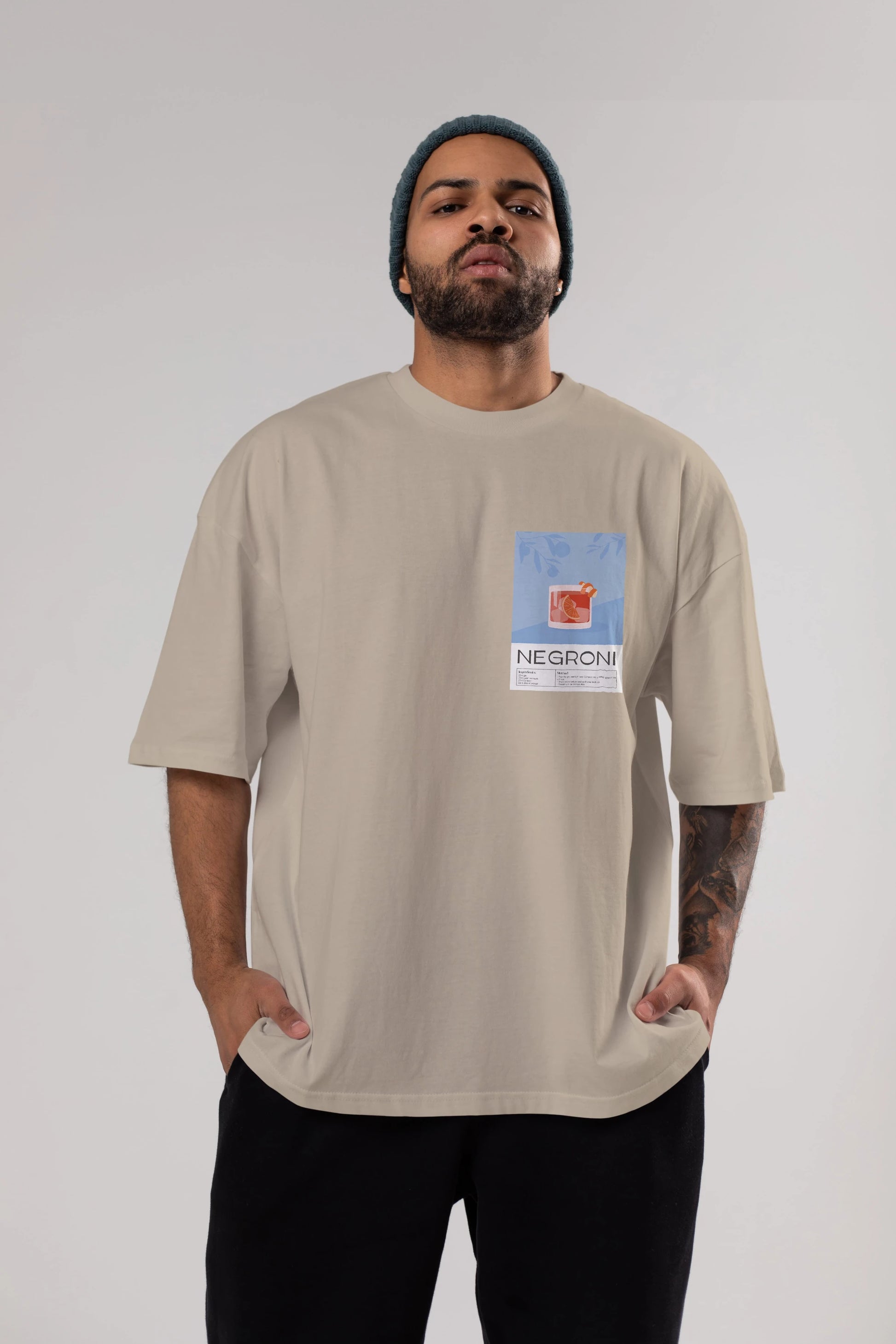 Negroni Ön Sol Baskılı Oversize t-shirt Erkek Kadın Unisex %100 Pamuk Bisiklet Yaka tişort