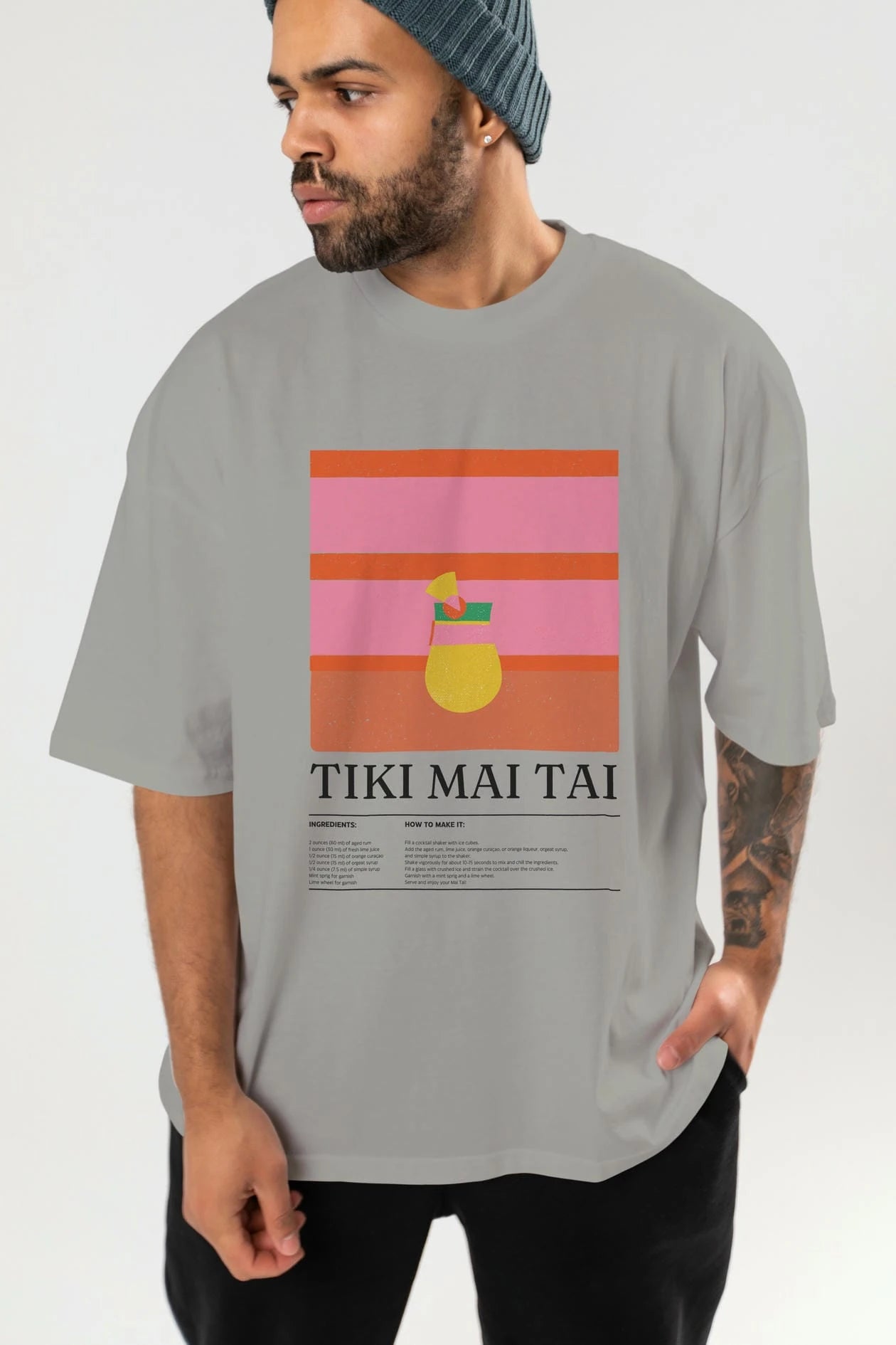Tiki Mai Tai Kokteyl Ön Baskılı Oversize t-shirt Erkek Kadın %100 Pamuk Bisiklet Yaka tişort