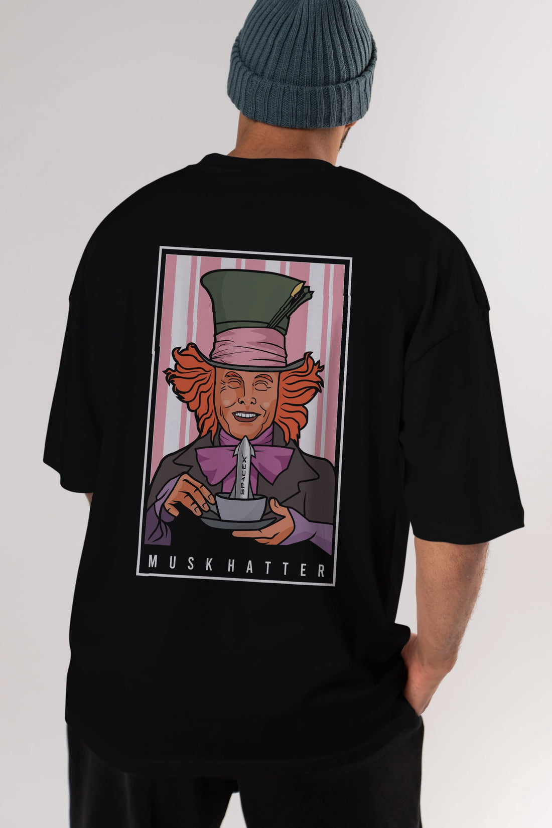Mad Hatter Elon Musk Arka Baskılı Oversize t-shirt Erkek Kadın Unisex %100 Pamuk tişort