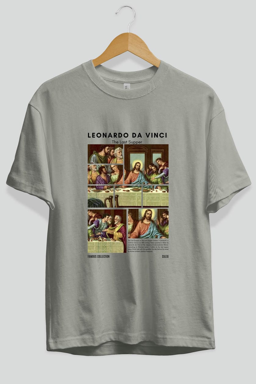 Leonardo Da Vinci ön Baskılı Oversize t-shirt Erkek Kadın Bisiklet Yaka Pamuk tişort
