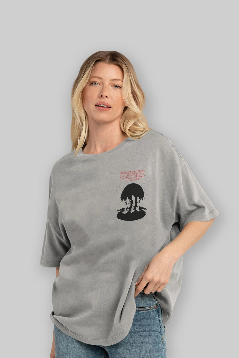 Stranger Things Ön Sol Baskılı Oversize t-shirt Erkek Kadın Unisex %100 Pamuk Bisiklet Yaka tişort