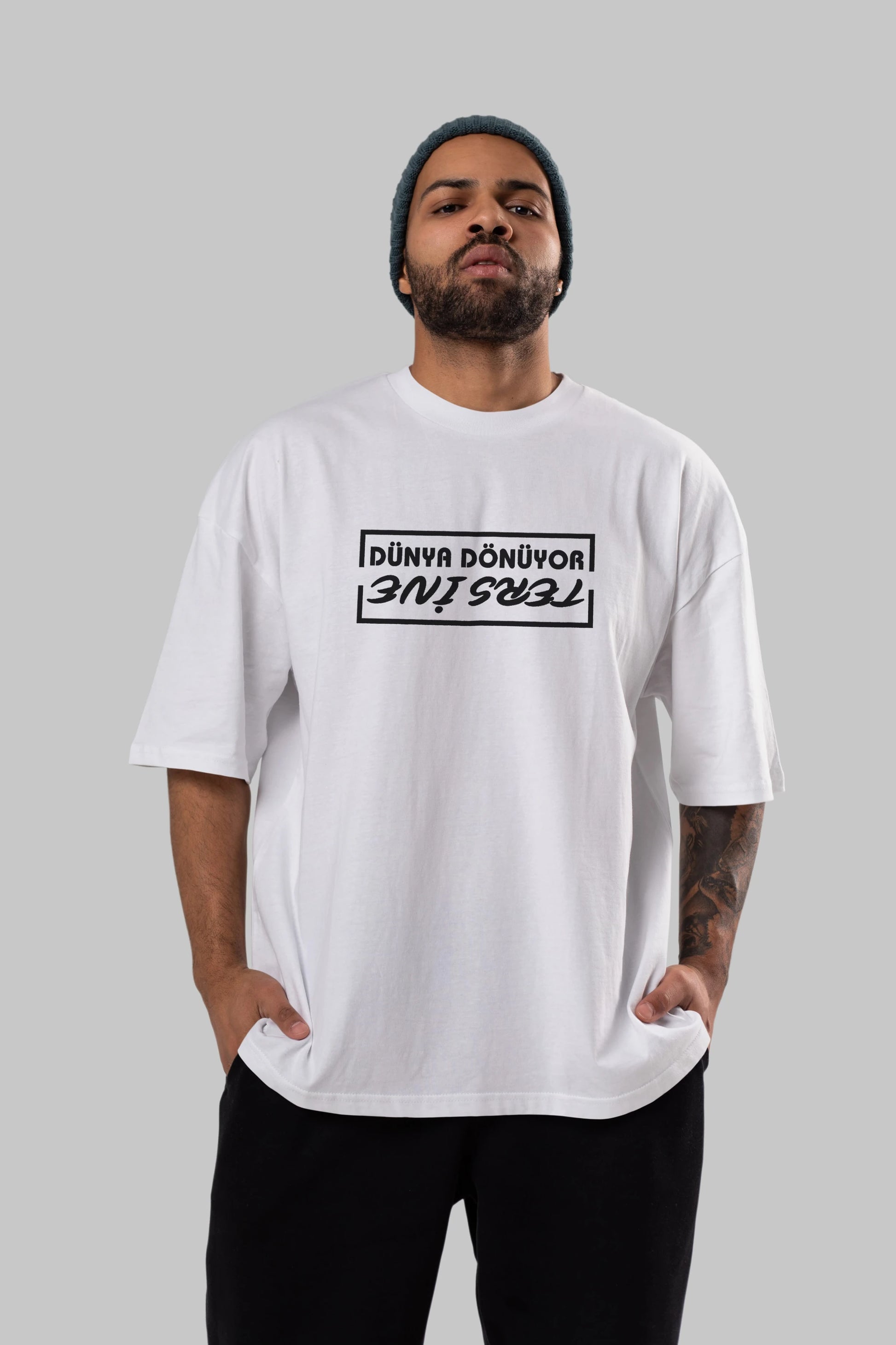 Dünya Dönüyor Tersine Ön Baskılı Oversize t-shirt %100 pamuk Erkek Kadın Unisex
