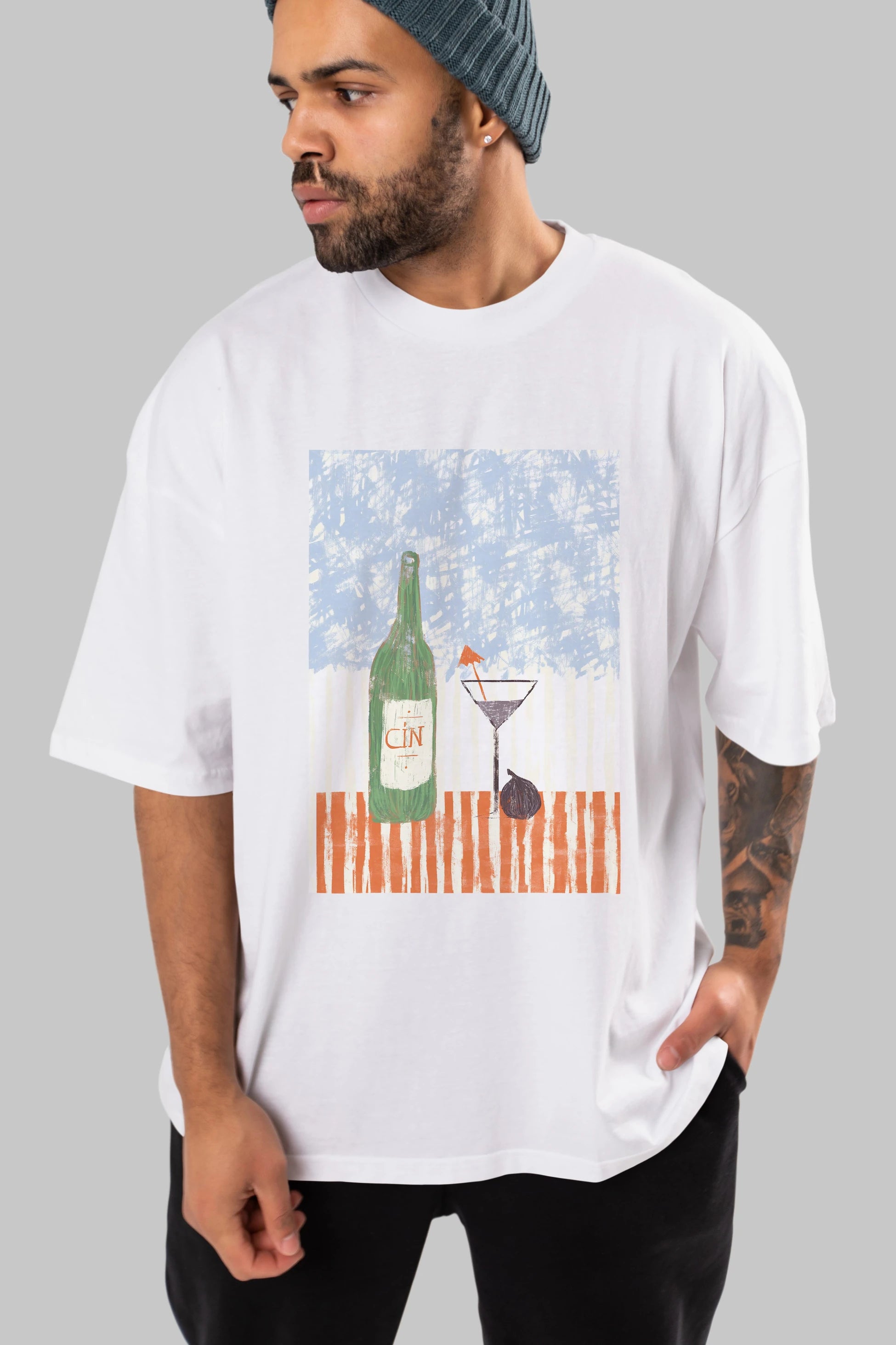 Gin Ön Baskılı Oversize t-shirt Erkek Kadın Unisex %100 Pamuk Bisiklet Yaka tişort