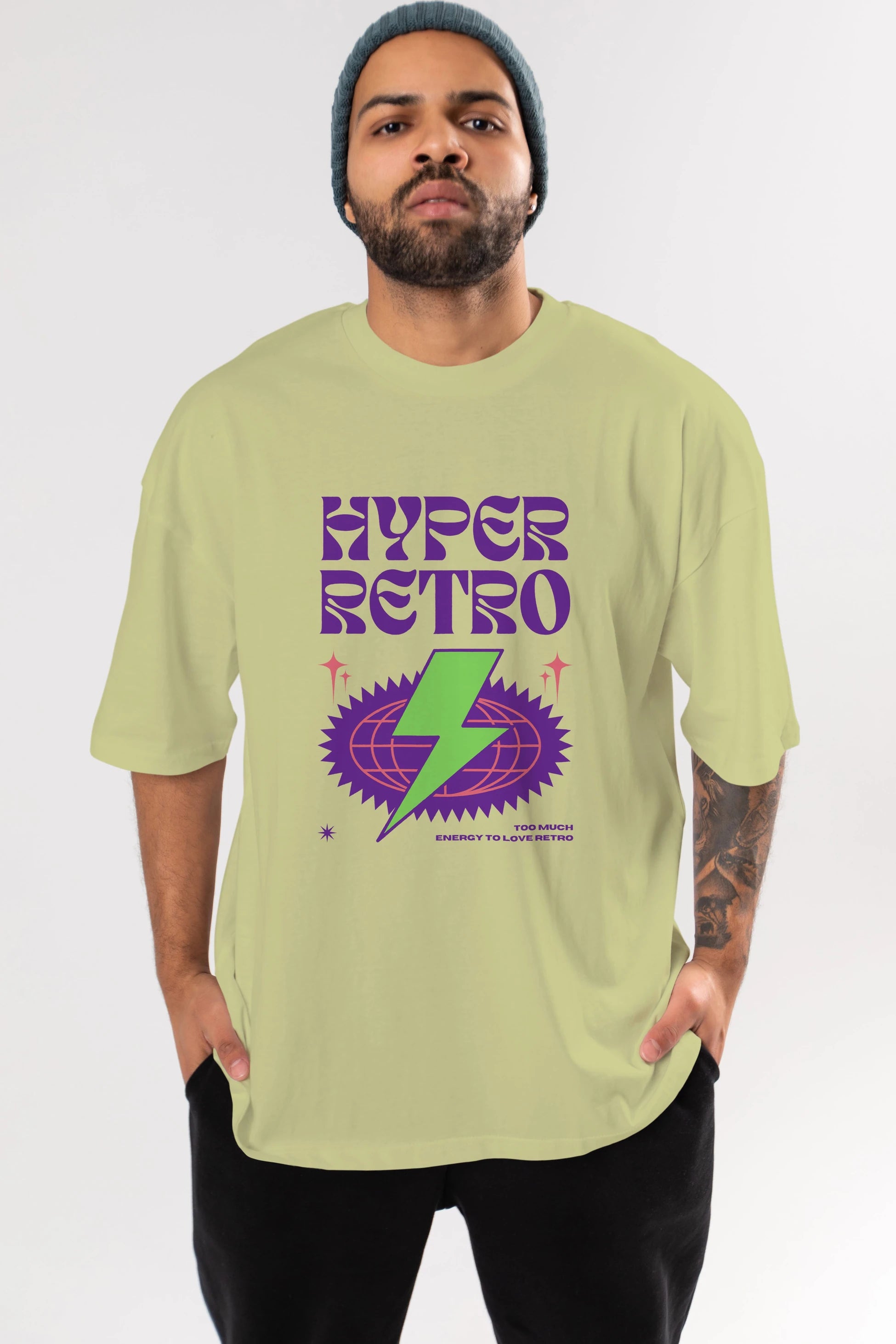 Hyper Retro Yazılı Ön Baskılı Oversize t-shirt Erkek Kadın Unisex