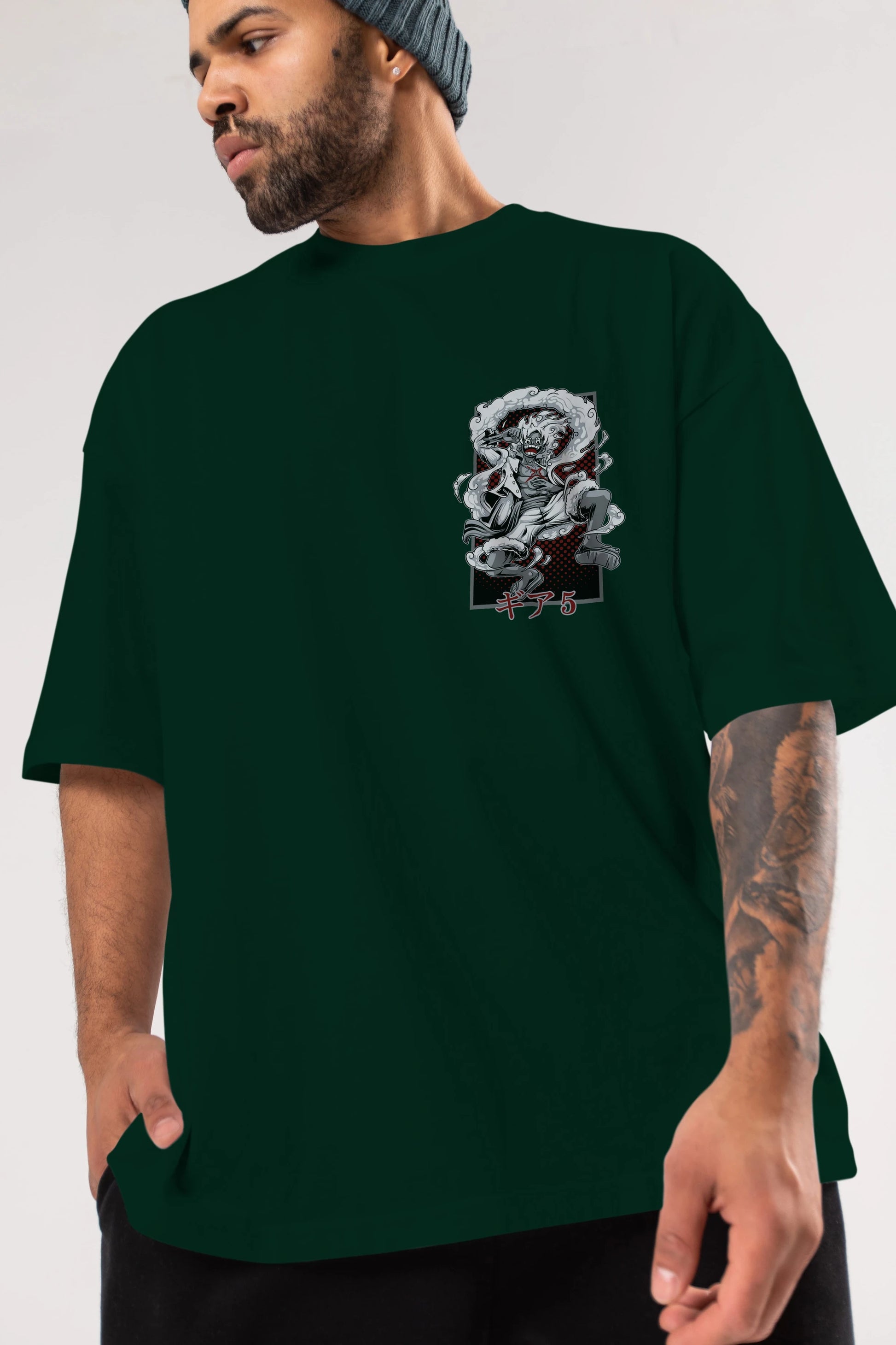 LUFFY GEAR 5 Ön Sol Baskılı Oversize t-shirt Erkek Kadın Unisex %100 Pamuk Bisiklet Yaka tişort