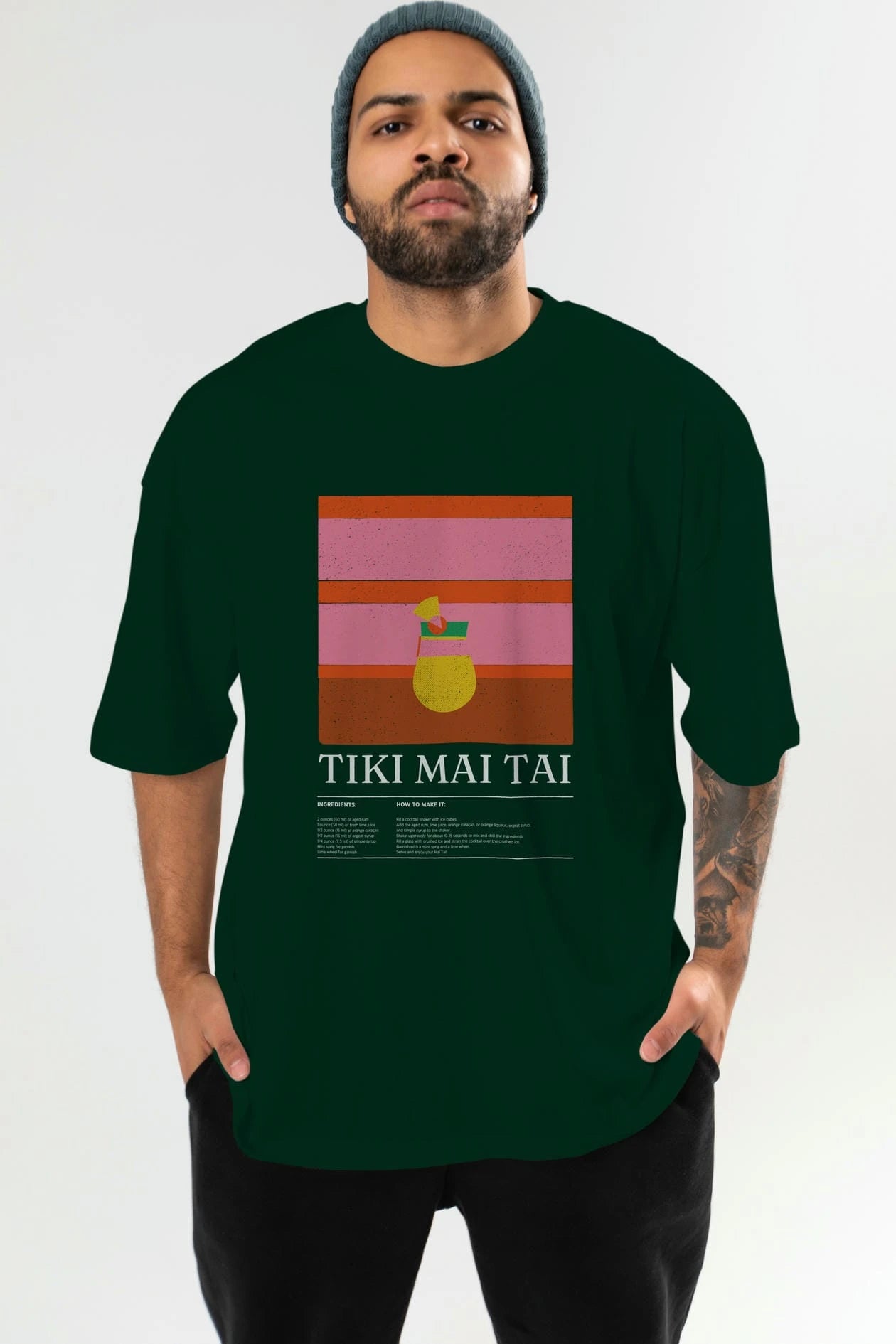 Tiki Mai Tai Kokteyl Ön Baskılı Oversize t-shirt Erkek Kadın %100 Pamuk Bisiklet Yaka tişort