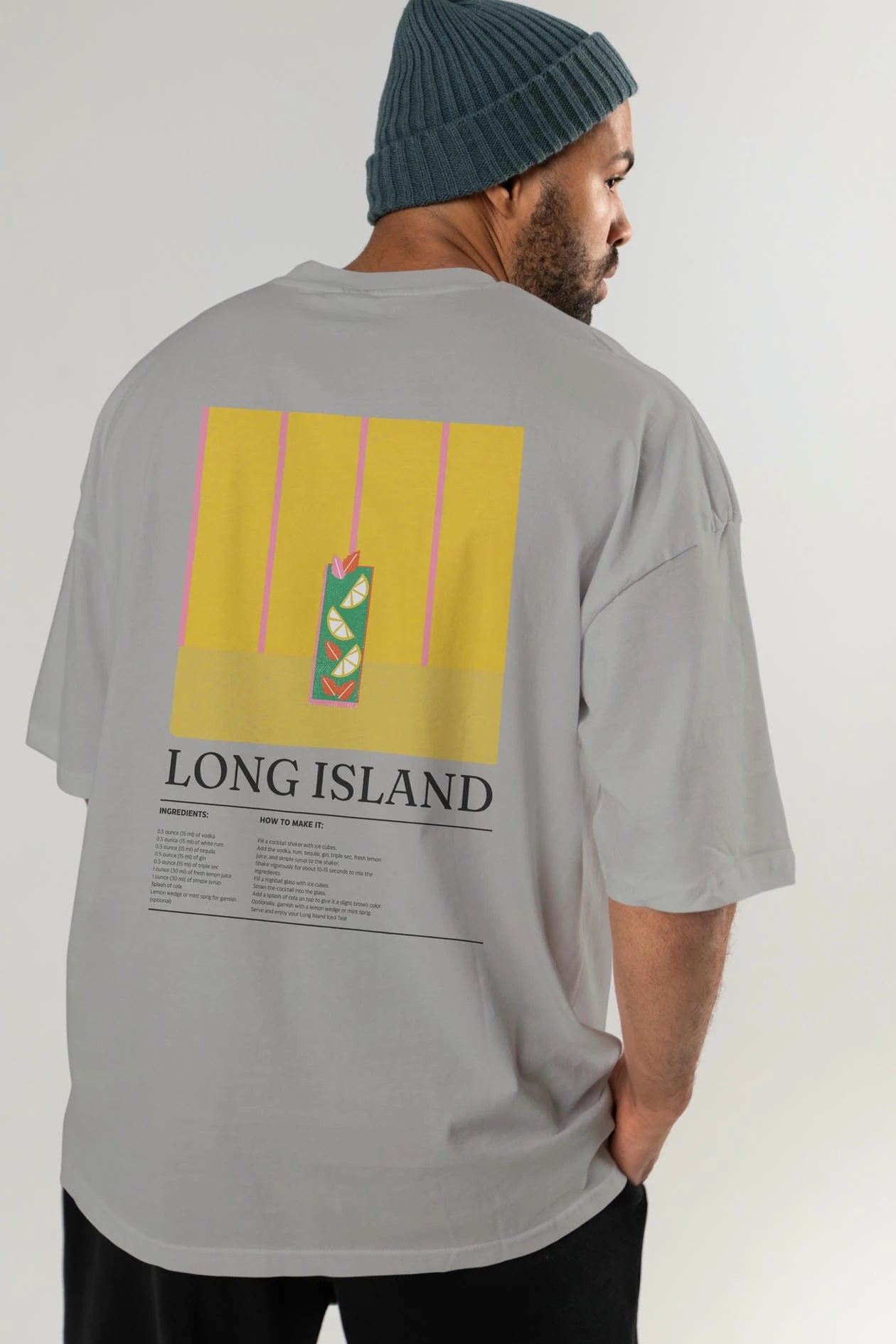 Long Island Kokteyl Serisi Arka Baskılı Oversize t-shirt Erkek Kadın %100 Pamuk Bisiklet Yaka tişort