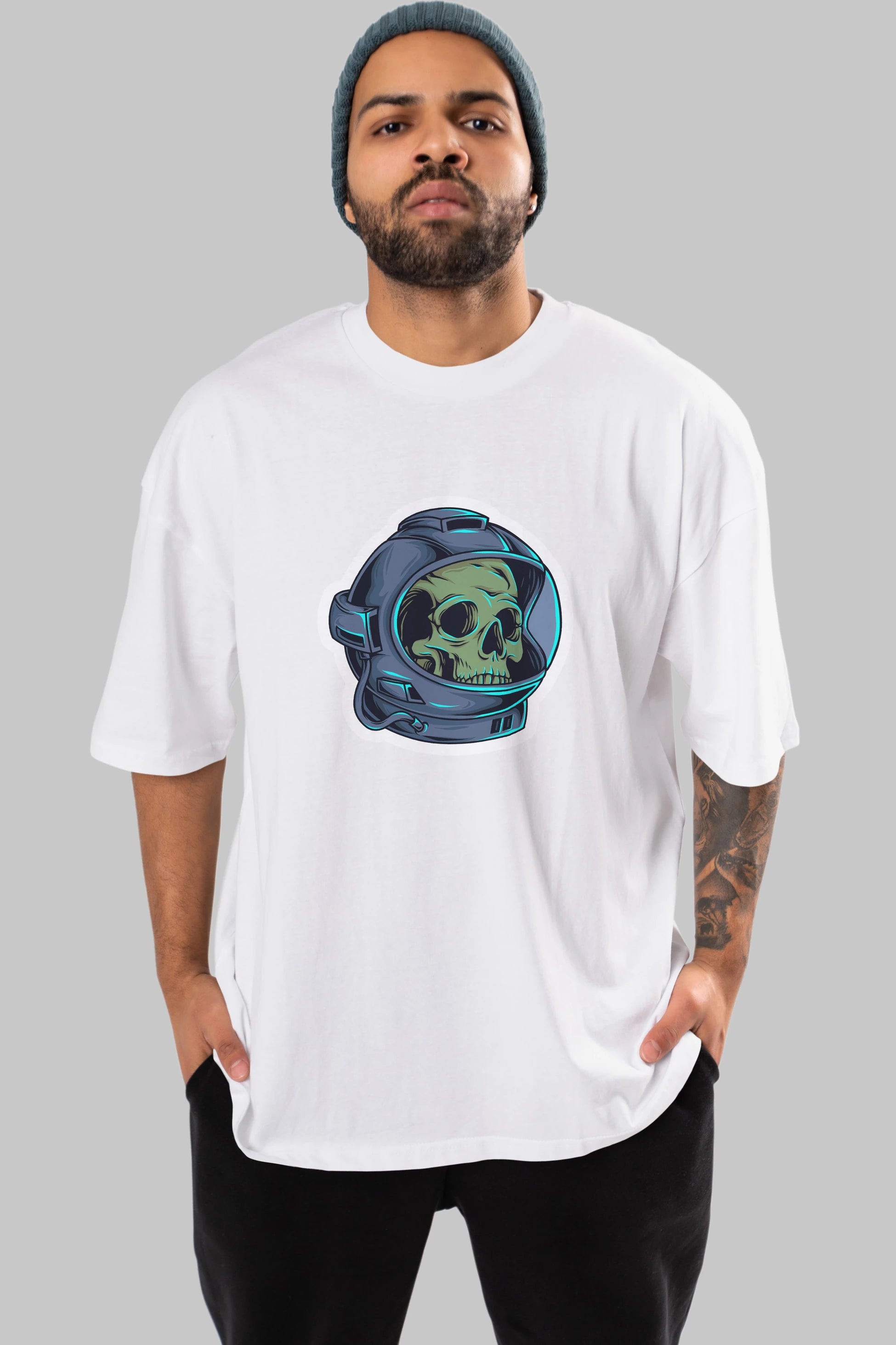 Astroskull Sticker Ön Baskılı Oversize t-shirt Erkek Kadın Unisex