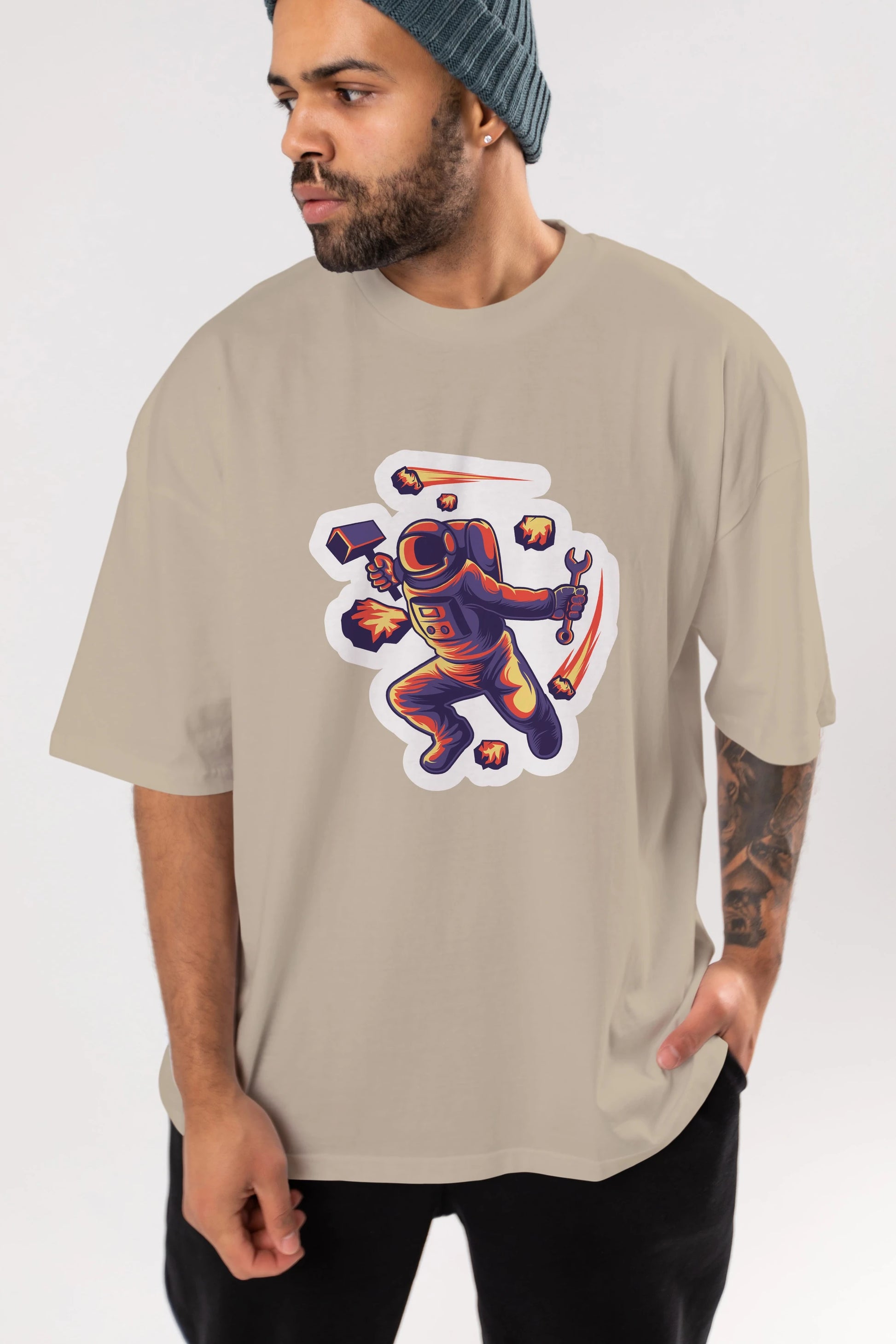 Astronaut Block Meteor Sticker Ön Baskılı Oversize t-shirt Erkek Kadın Unisex