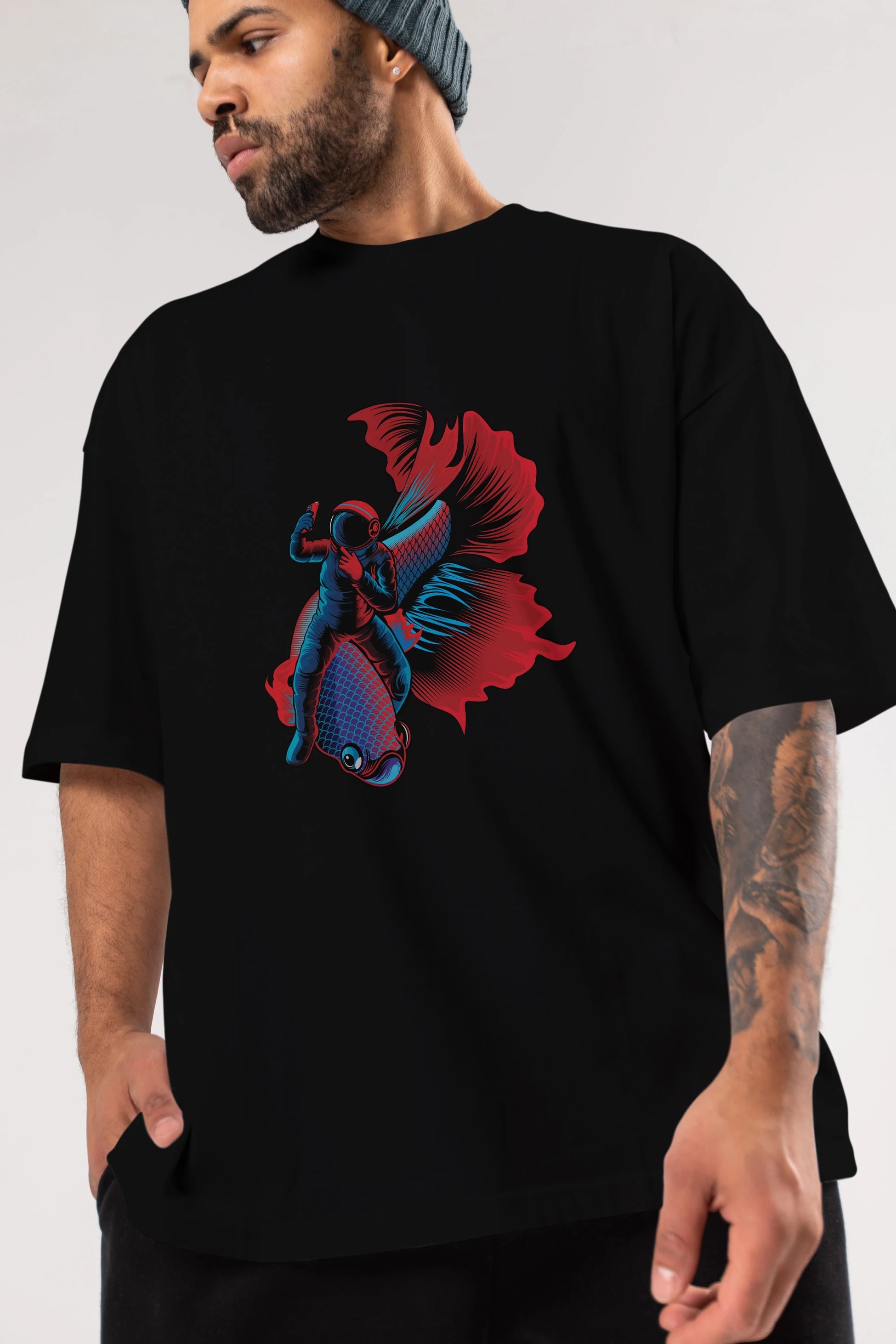 Astrofish selfie Ön Baskılı Oversize t-shirt Erkek Kadın Unisex