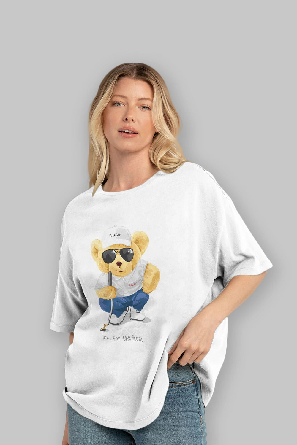 Teddy Bear Golfer Ön Baskılı Oversize t-shirt Erkek Kadın Unisex %100 Pamuk