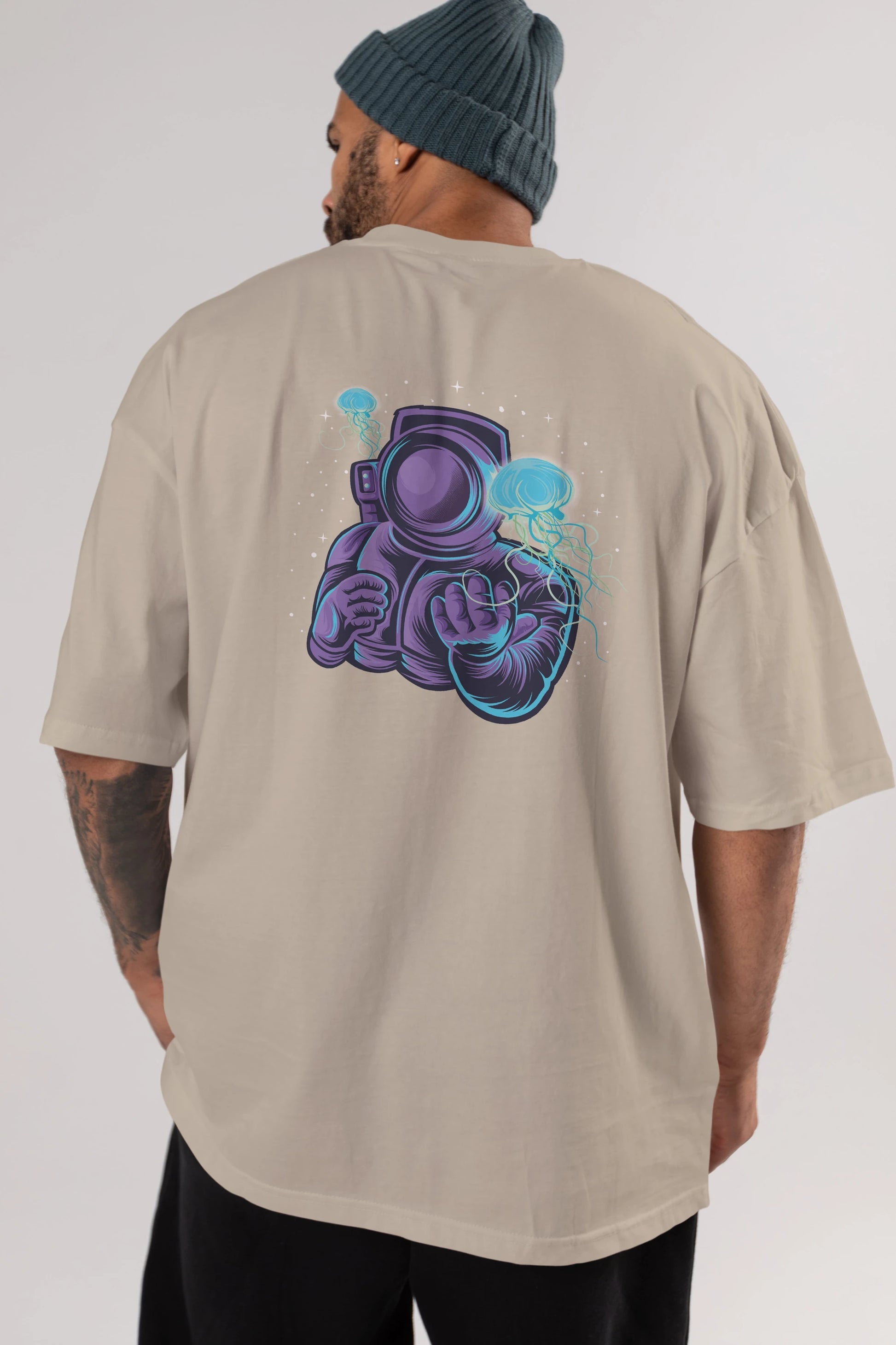 Astronaut and Jellyfish Arka Baskılı Oversize t-shirt Erkek Kadın Unisex