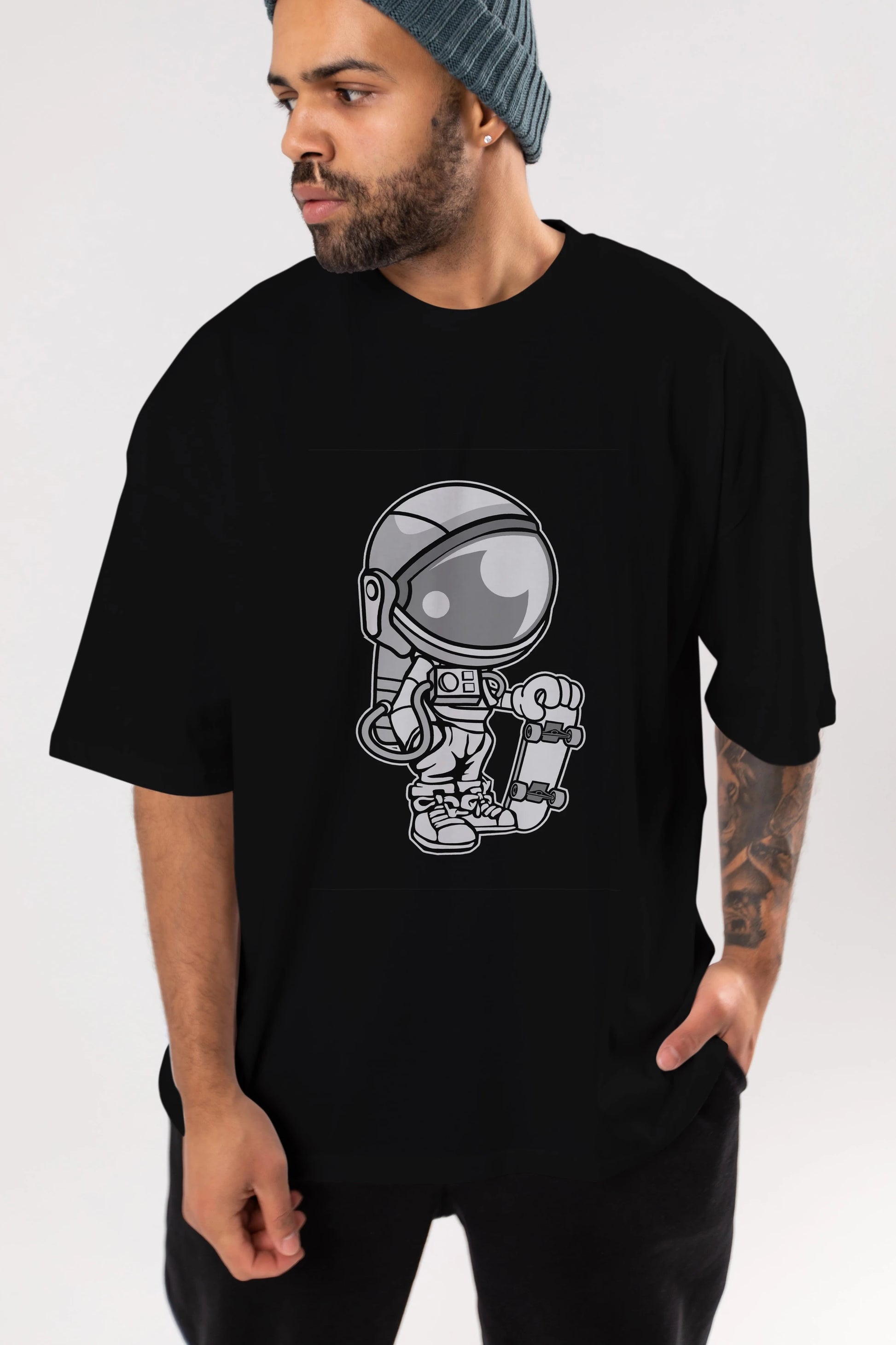 Astronaut Skaterboy Ön Baskılı Oversize t-shirt Erkek Kadın Unisex %100 Pamuk tişort