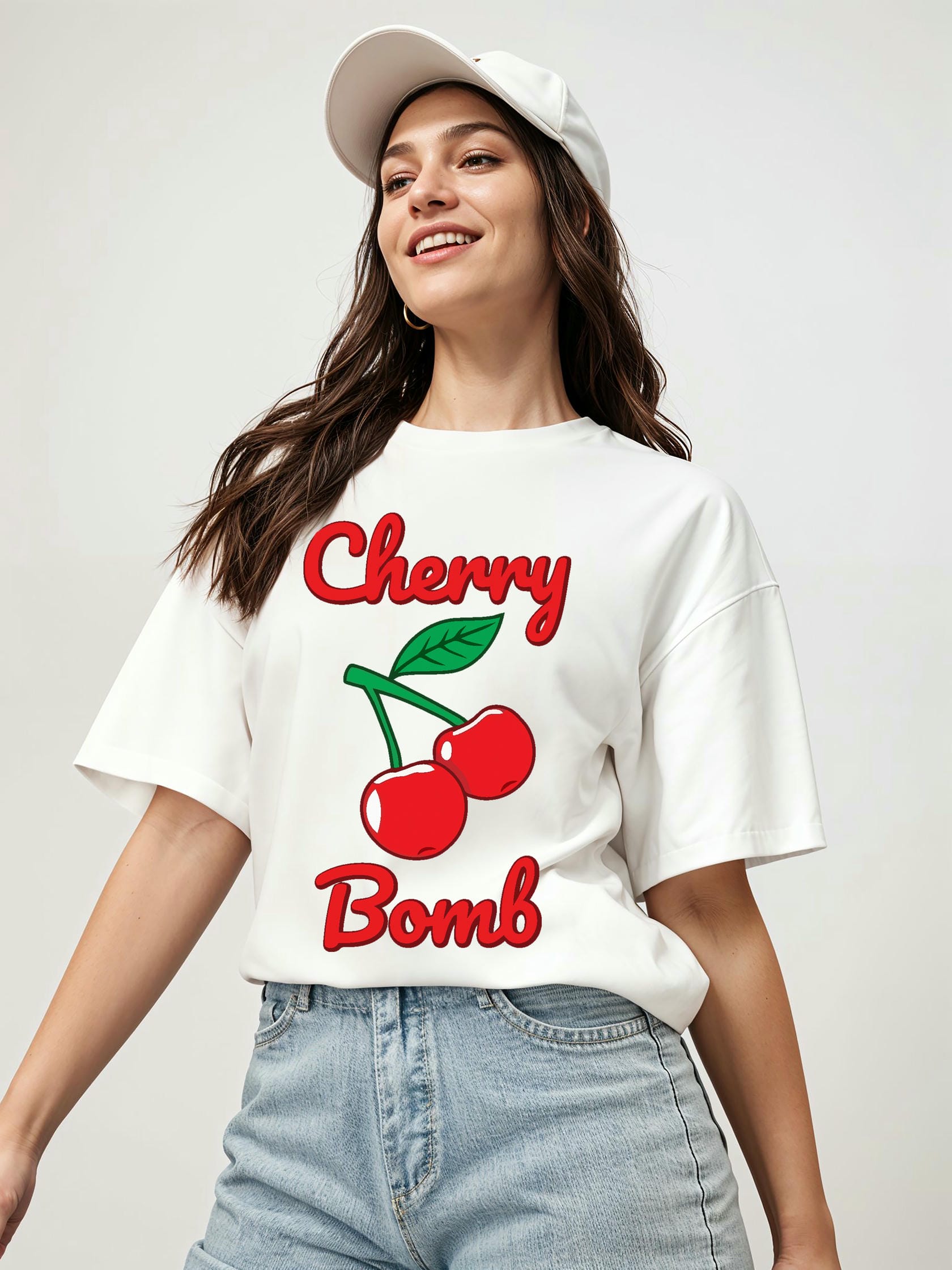 Cherry Bomb Cherries 1 Ön Baskılı Oversize t-shirt Erkek Kadın Pamuk Bisiklet Yaka tişort