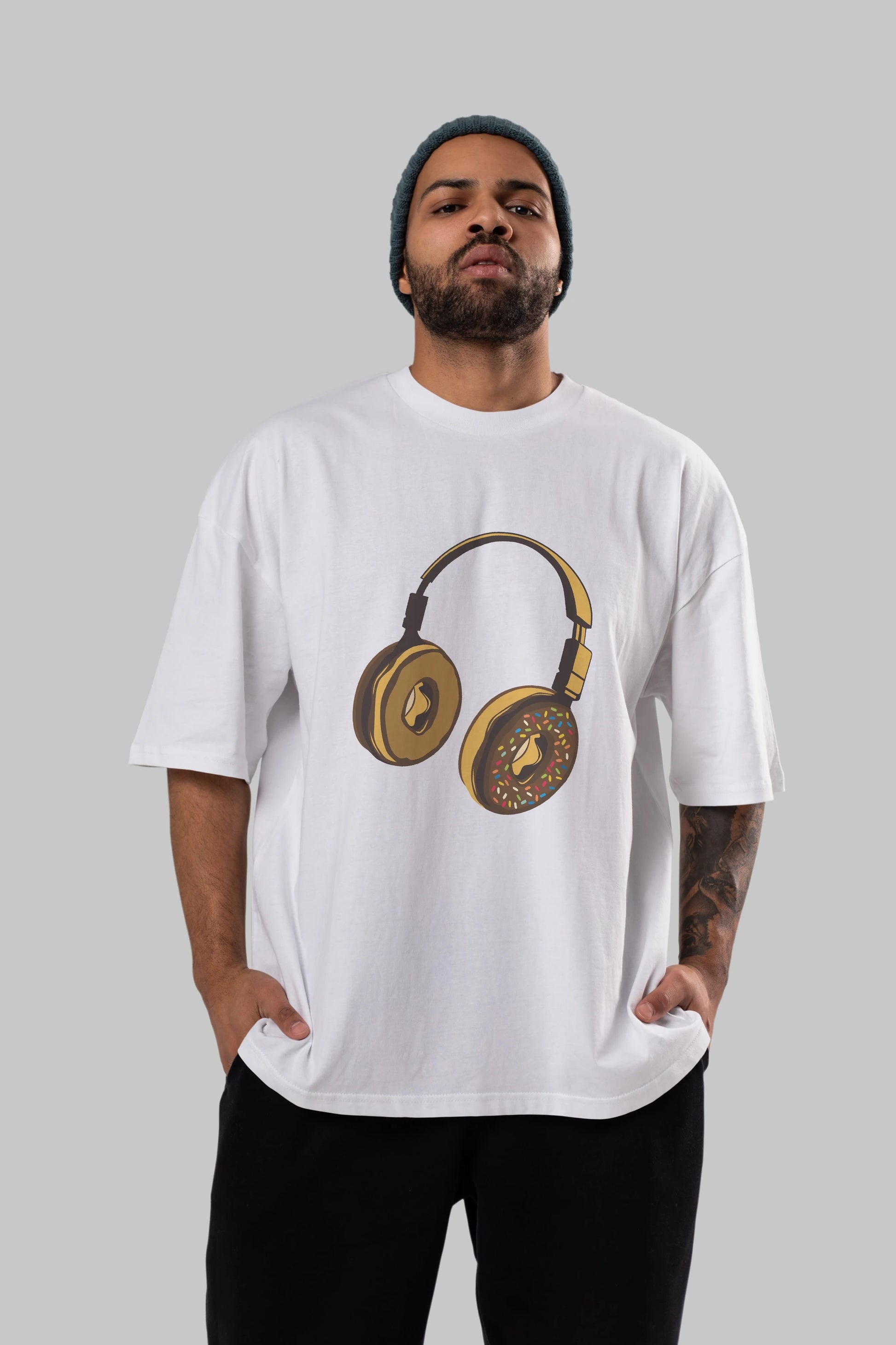 Headphone Donut Ön Baskılı Oversize t-shirt %100 pamuk Erkek Kadın Unisex
