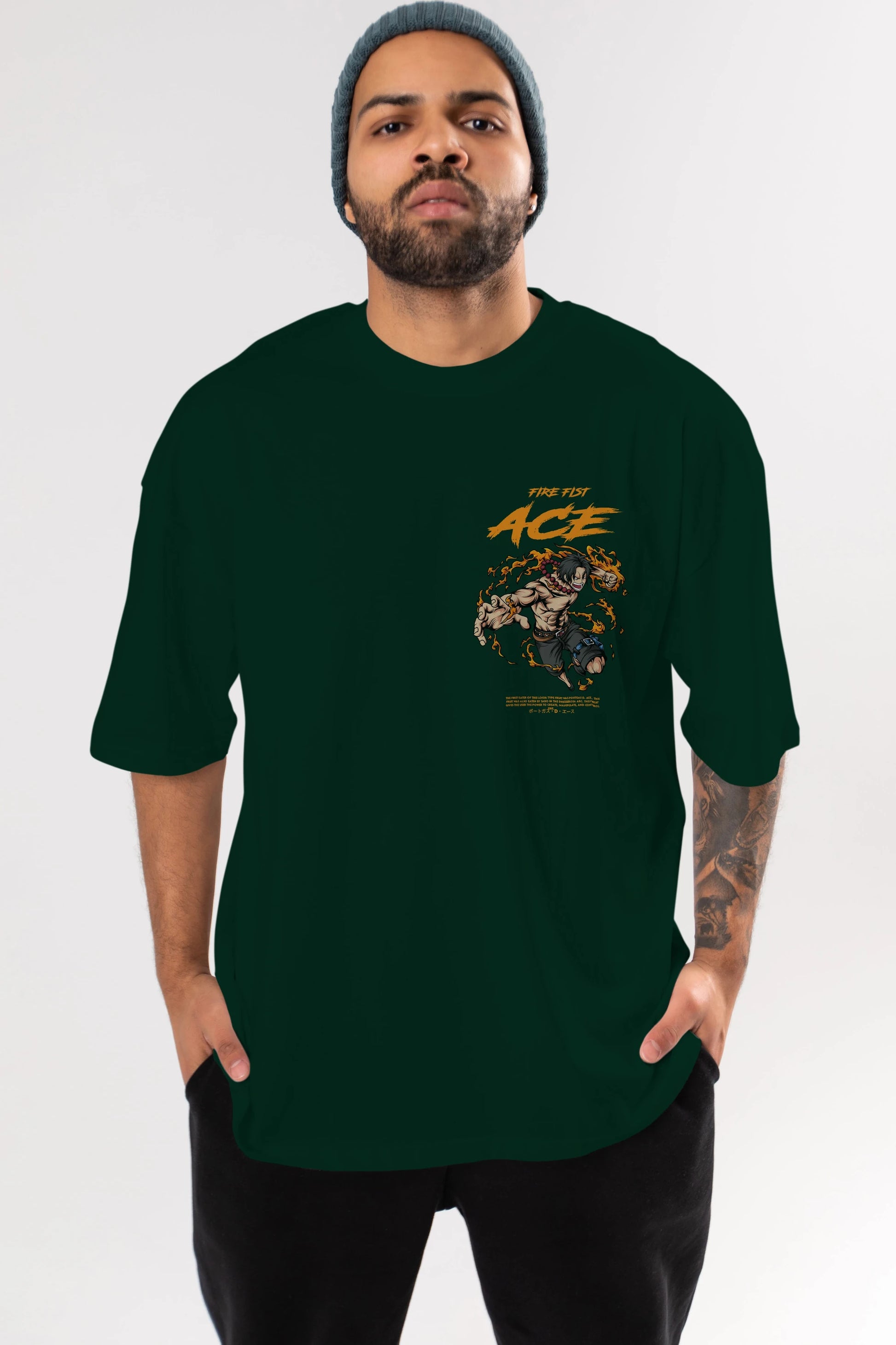 Fire Fist Ace Ön Sol Baskılı Oversize t-shirt Erkek Kadın Unisex %100 Pamuk Bisiklet Yaka tişort