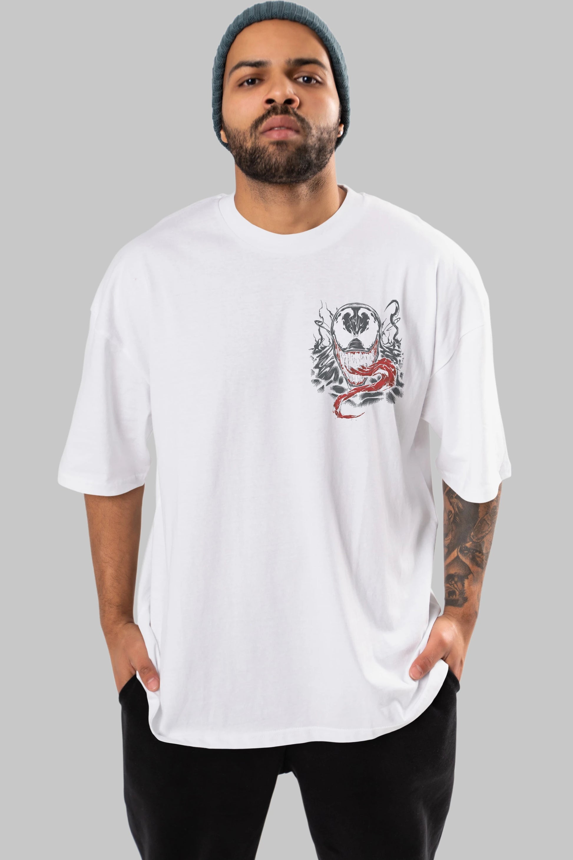 Venom (18) Ön Sol Baskılı Oversize t-shirt Erkek Kadın Unisex %100 Pamuk Bisiklet Yaka tişort