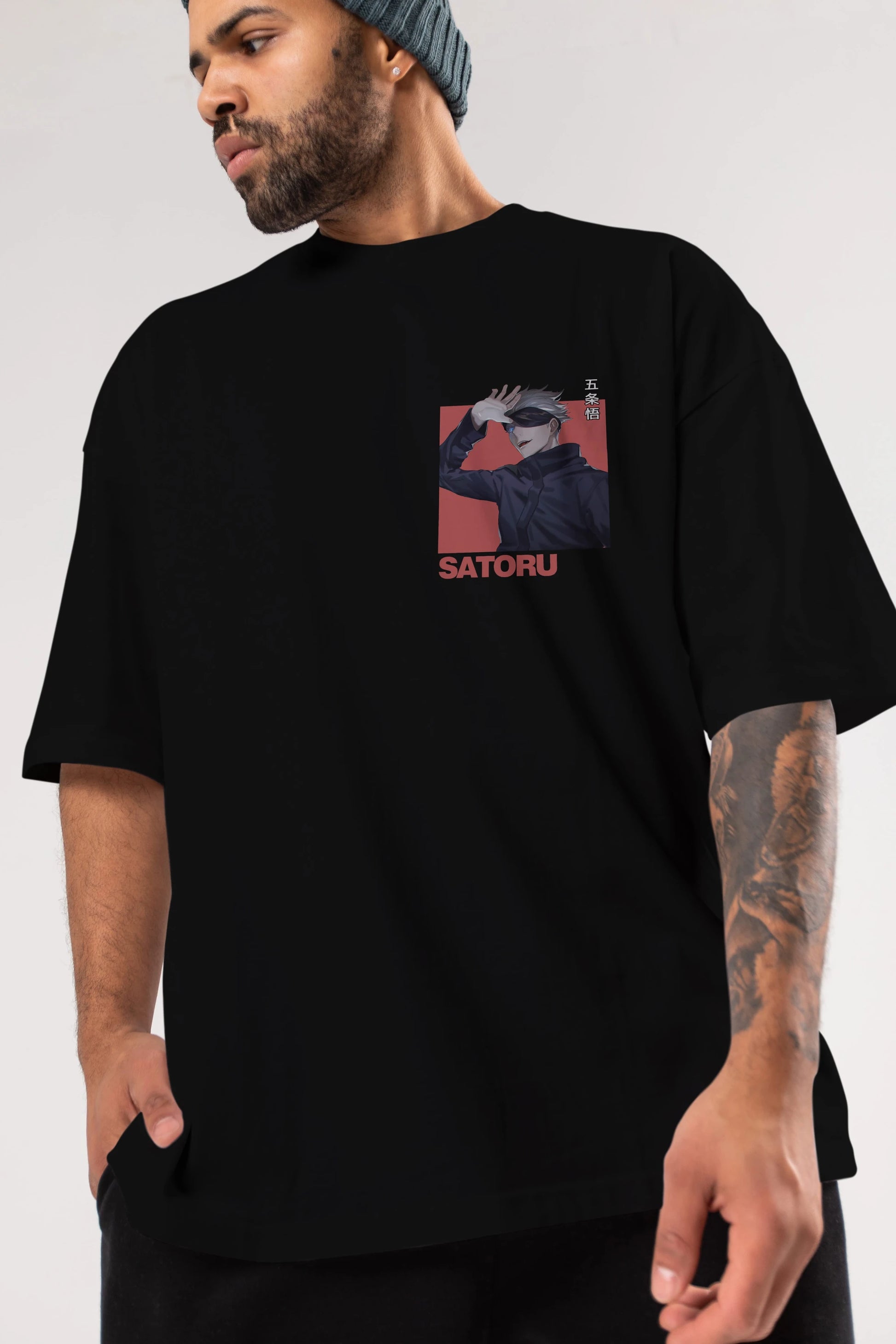 SATORU GOJO 2 Ön Sol Baskılı Oversize t-shirt Erkek Kadın Unisex %100 Pamuk Bisiklet Yaka tişort
