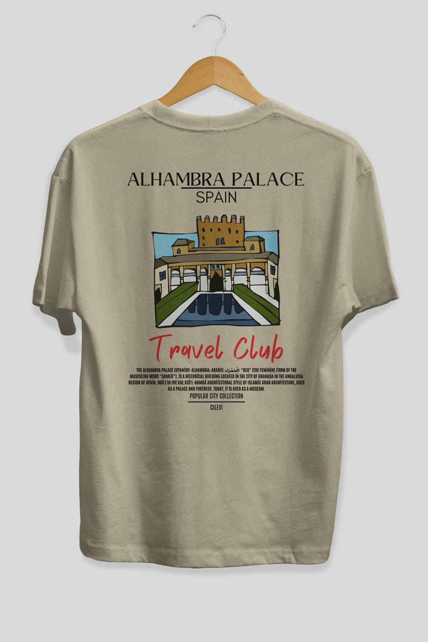 Alhambra Palace Spain Arka Baskılı Oversize t-shirt Erkek Kadın Pamuk Bisiklet Yaka tişort