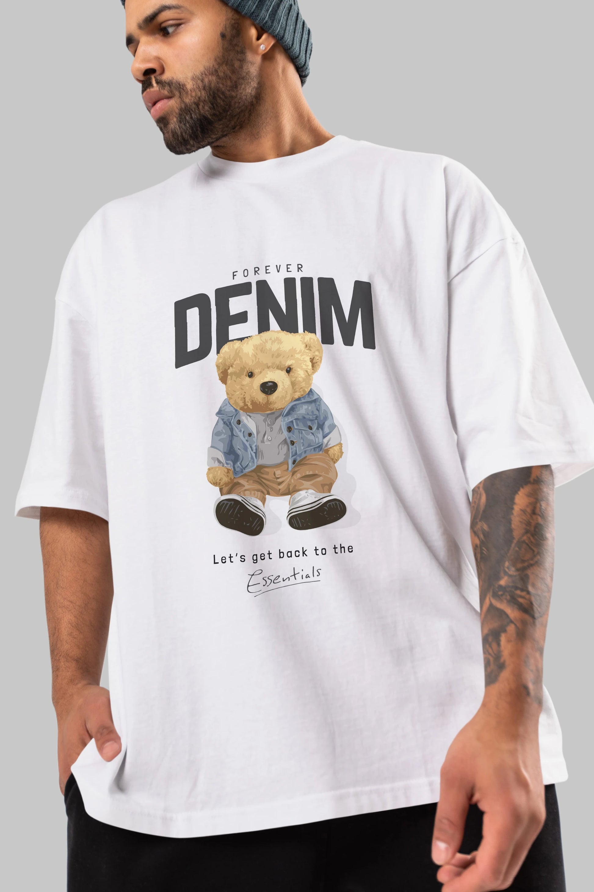 Teddy Bear Forever Denim Ön Baskılı Oversize t-shirt Erkek Kadın Unisex %100 Pamuk