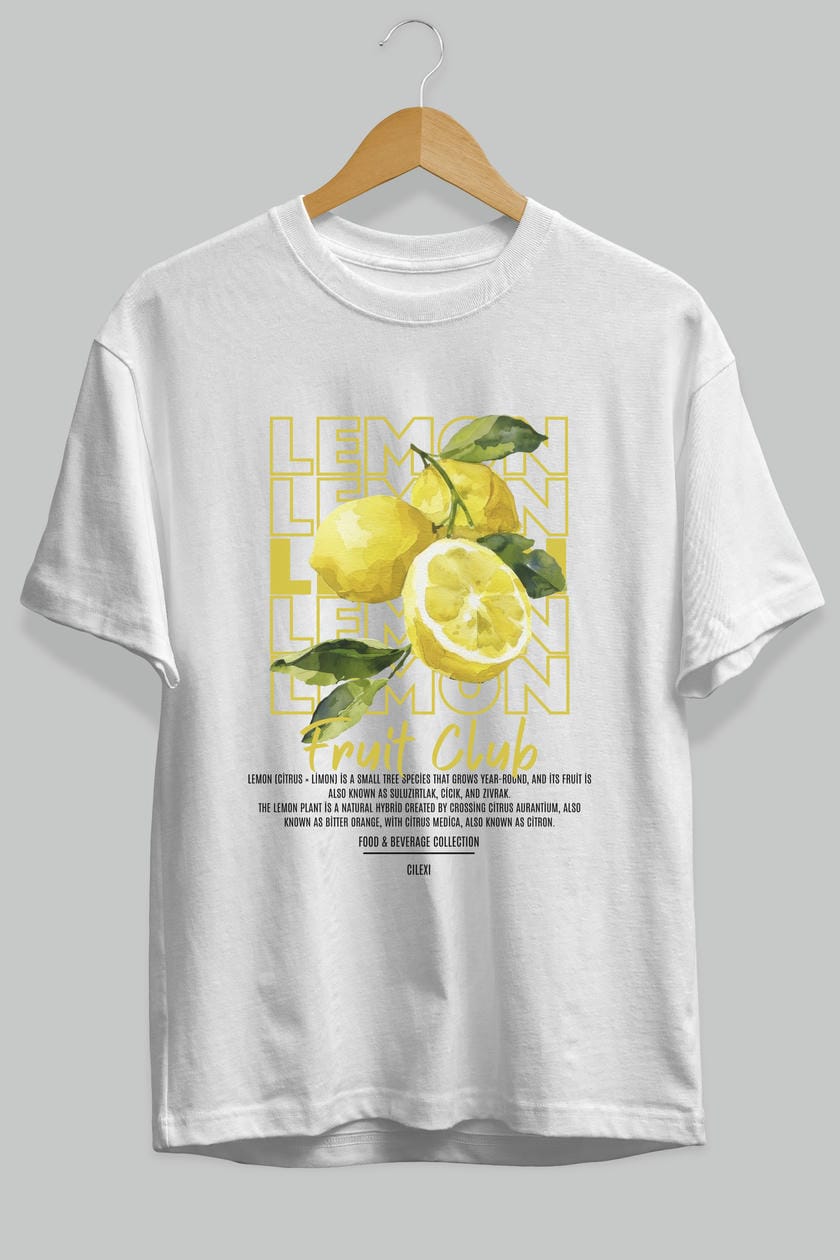 Lemon Ön Baskılı Oversize t-shirt Erkek Kadın Pamuk Bisiklet Yaka tişort