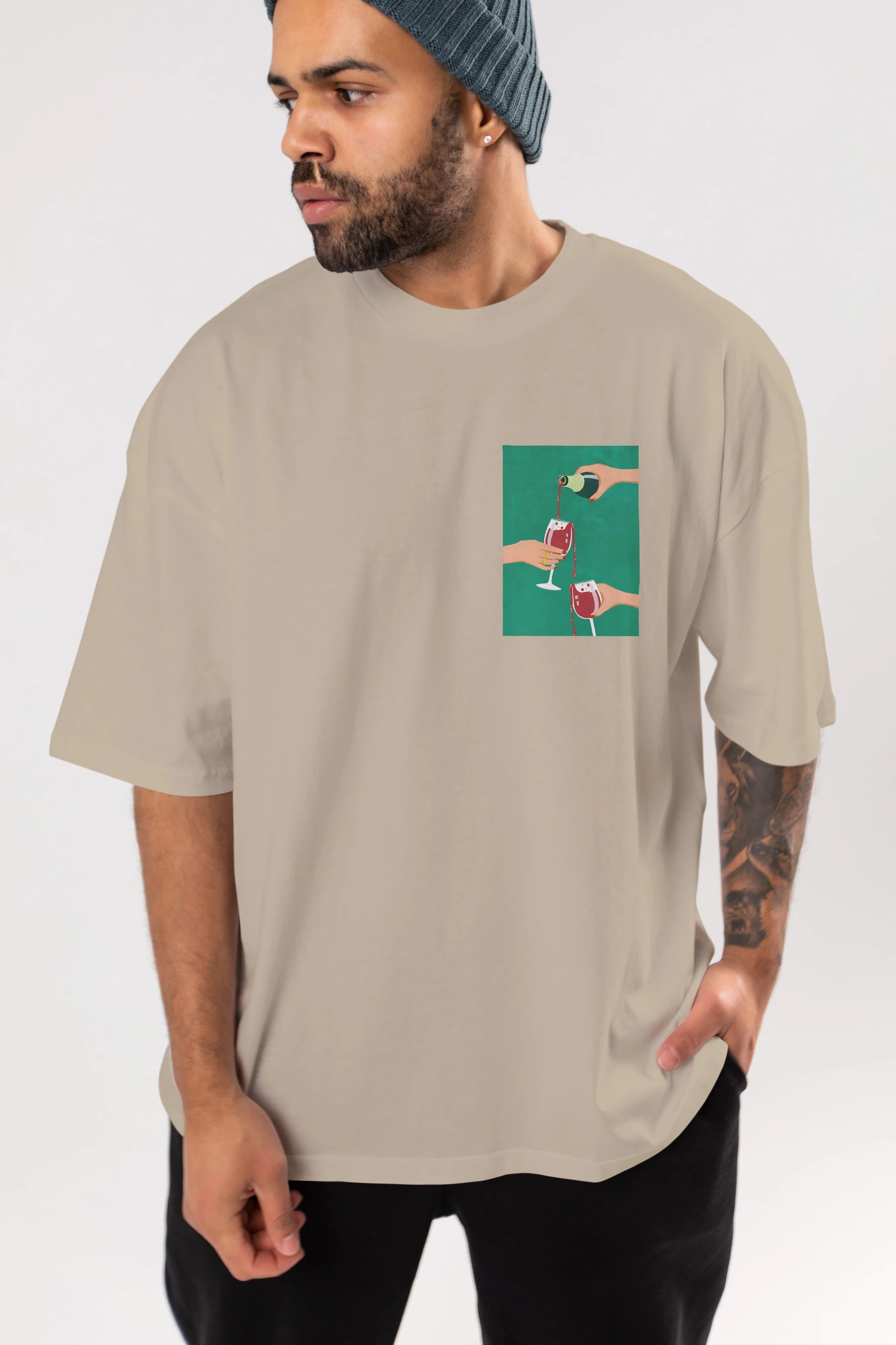 Wine 2 Ön Sol Baskılı Oversize t-shirt Erkek Kadın Unisex %100 Pamuk Bisiklet Yaka tişort