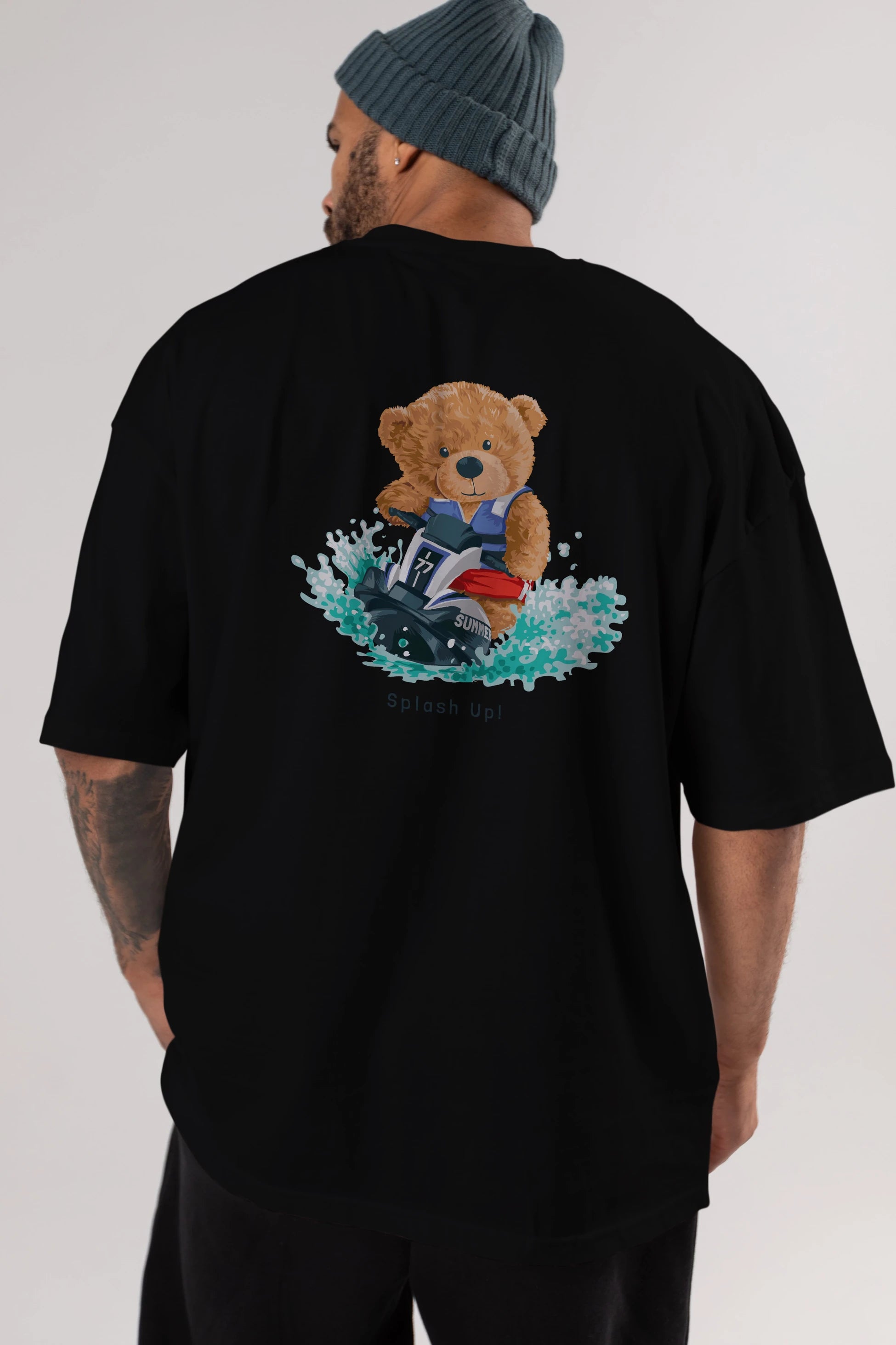 Teddy Bear Splash Up Arka Baskılı Oversize t-shirt Erkek Kadın Unisex %100 Pamuk