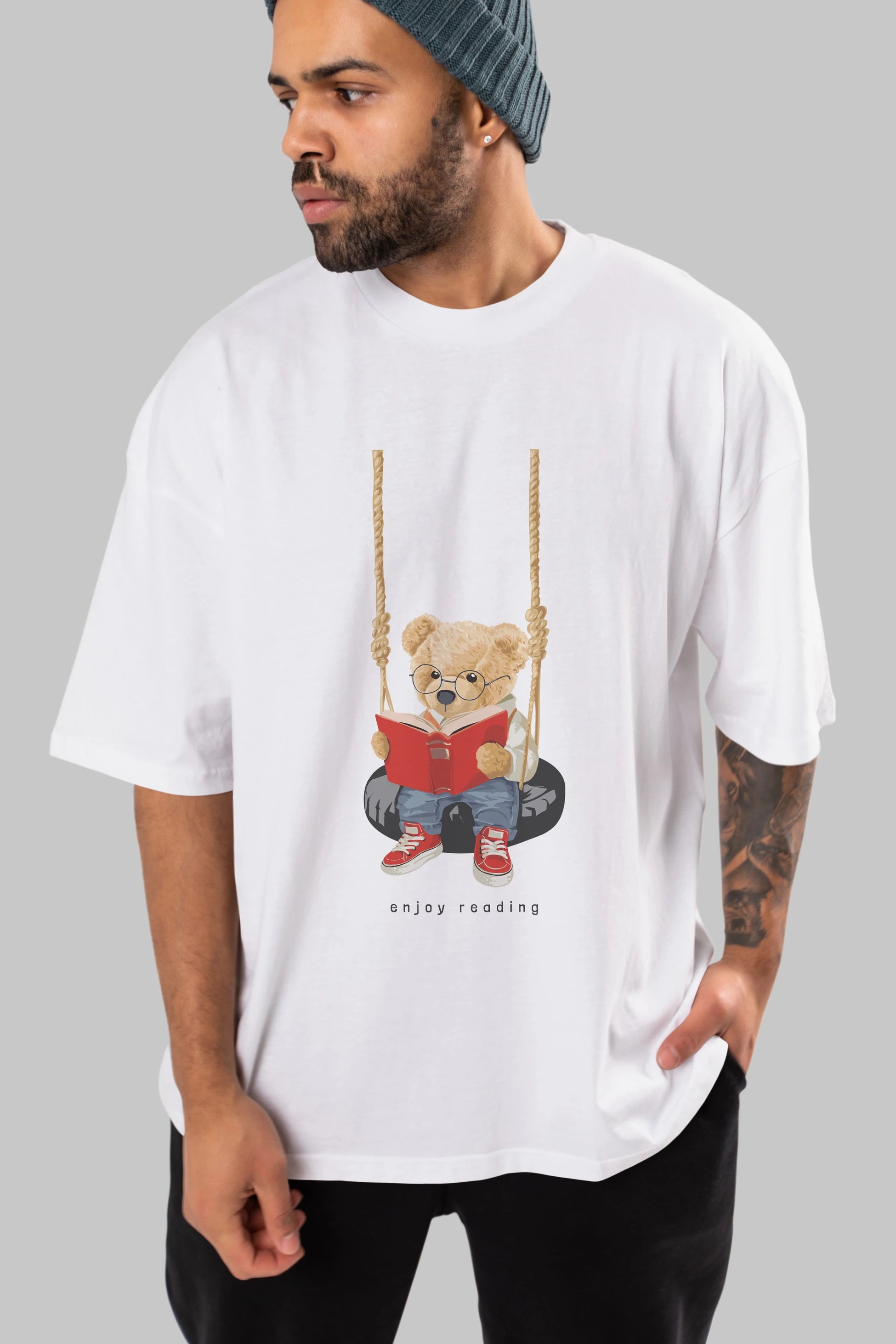 Teddy Bear Enjoy Reading Ön Baskılı Oversize t-shirt Erkek Kadın Unisex %100 Pamuk