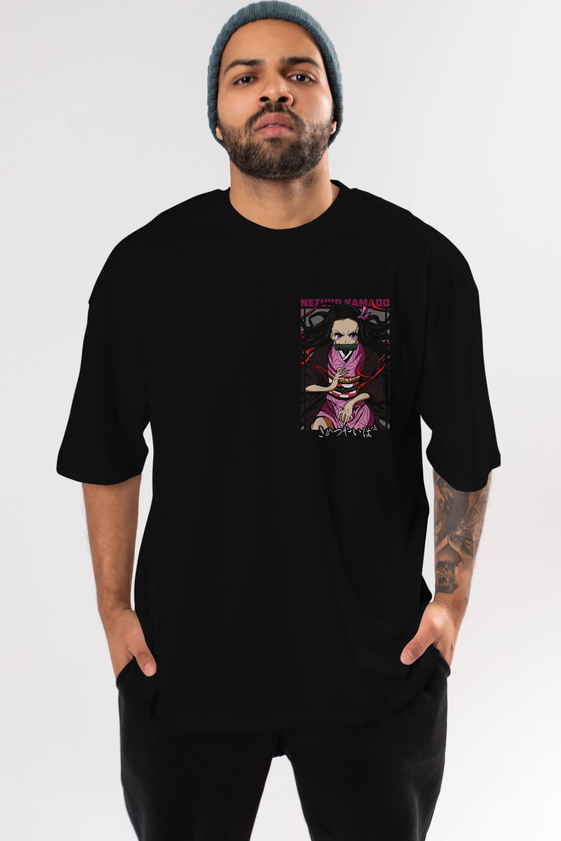 Nezuko Kamado 1 Ön Sol Baskılı Oversize t-shirt Erkek Kadın Unisex %100 Pamuk Bisiklet Yaka tişort