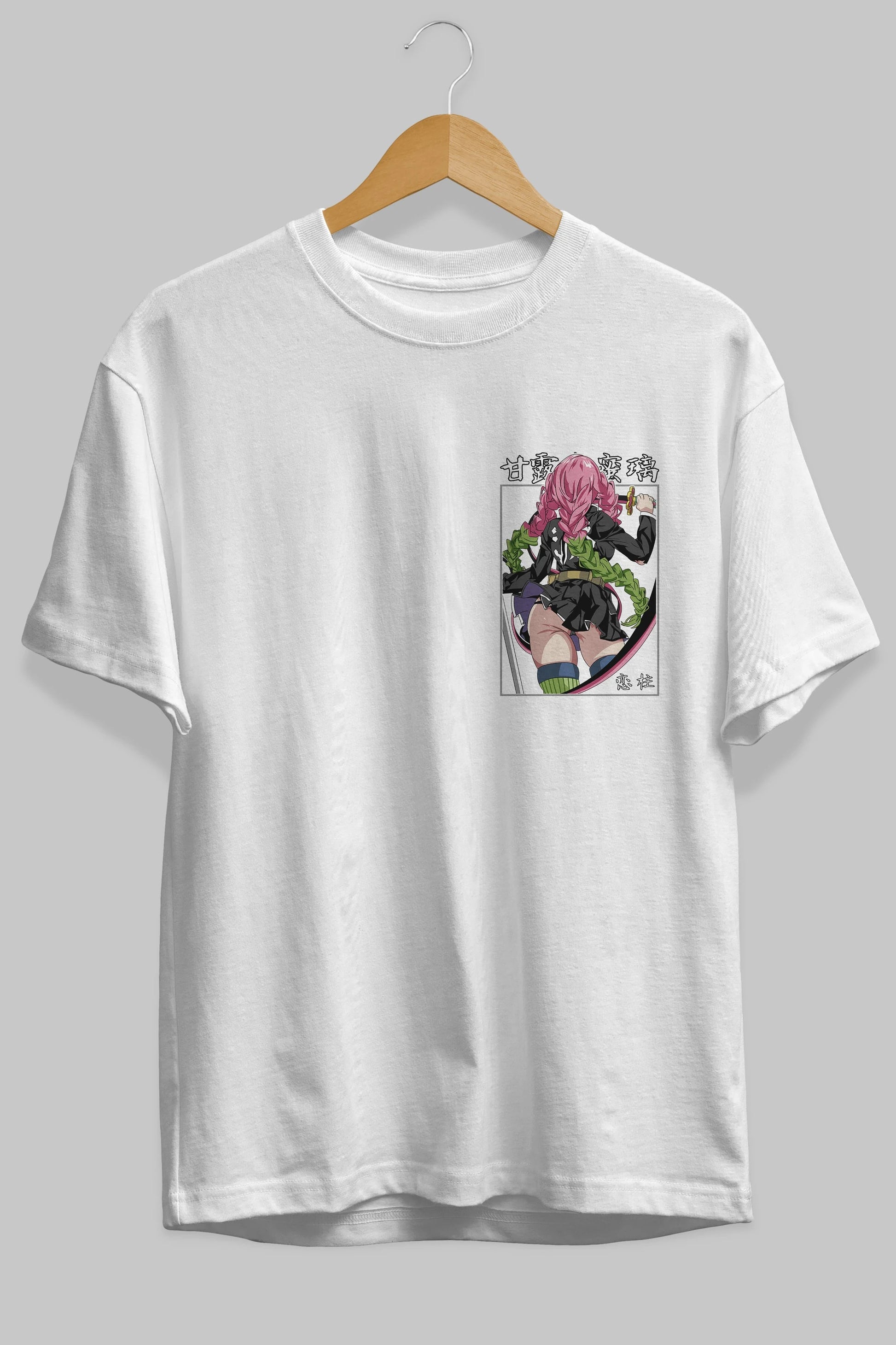 Mitsuri DEMONSLAYER Ön Sol Baskılı Oversize t-shirt Erkek Kadın Unisex %100 Pamuk Bisiklet Yaka tişort