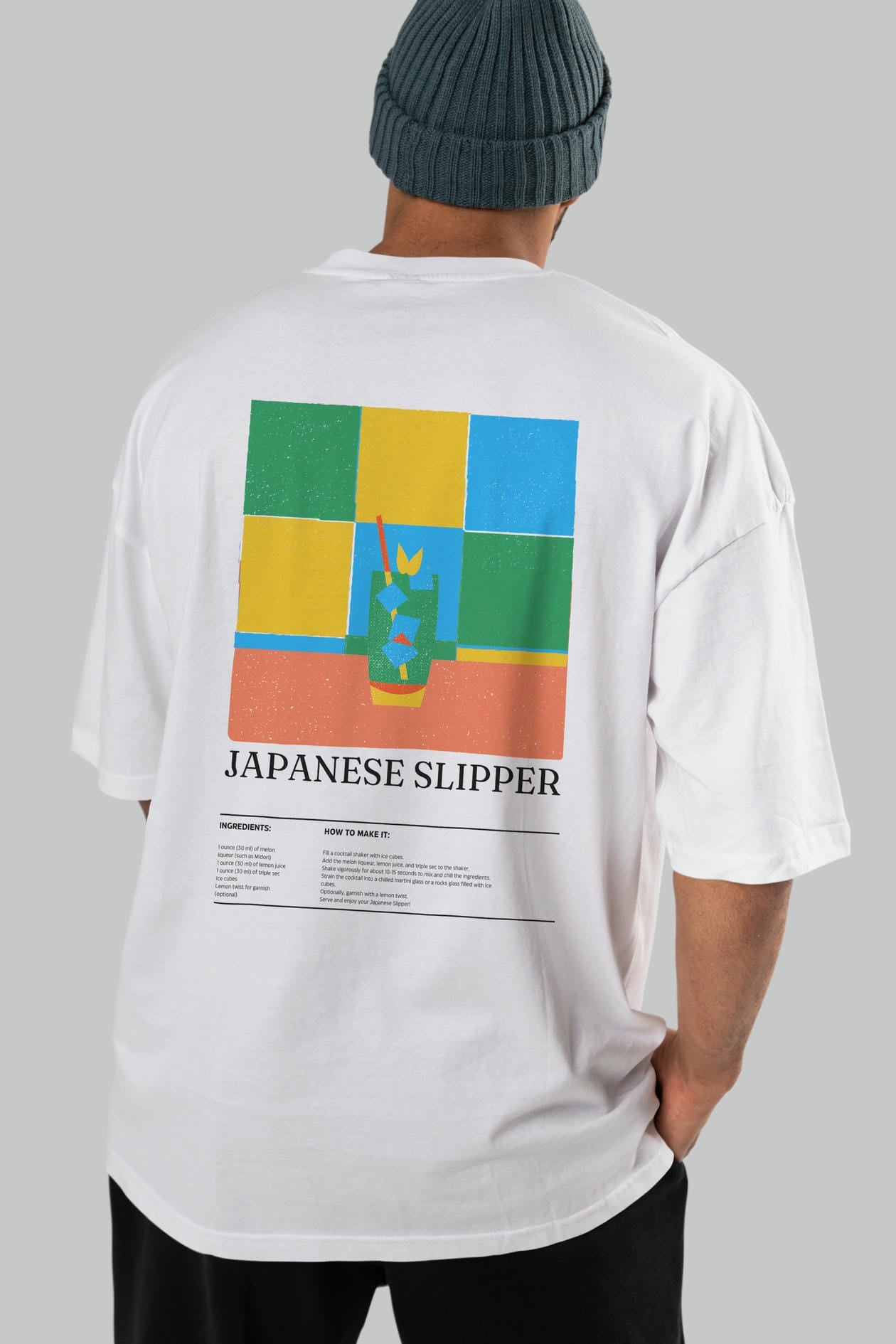 Japanese Slipper Kokteyl Serisi Arka Baskılı Oversize t-shirt Erkek Kadın %100 Pamuk Bisiklet Yaka tişort