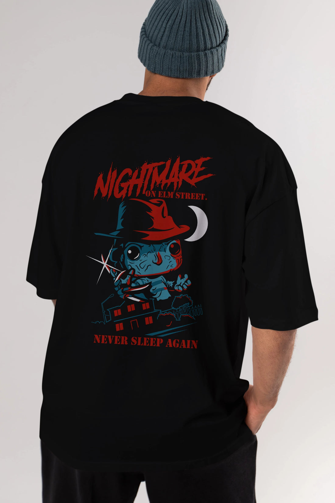 Nightmare Elm Sokağı Arka Baskılı Oversize t-shirt Erkek Kadın Unisex %100 Pamuk Bisiklet Yaka tişort