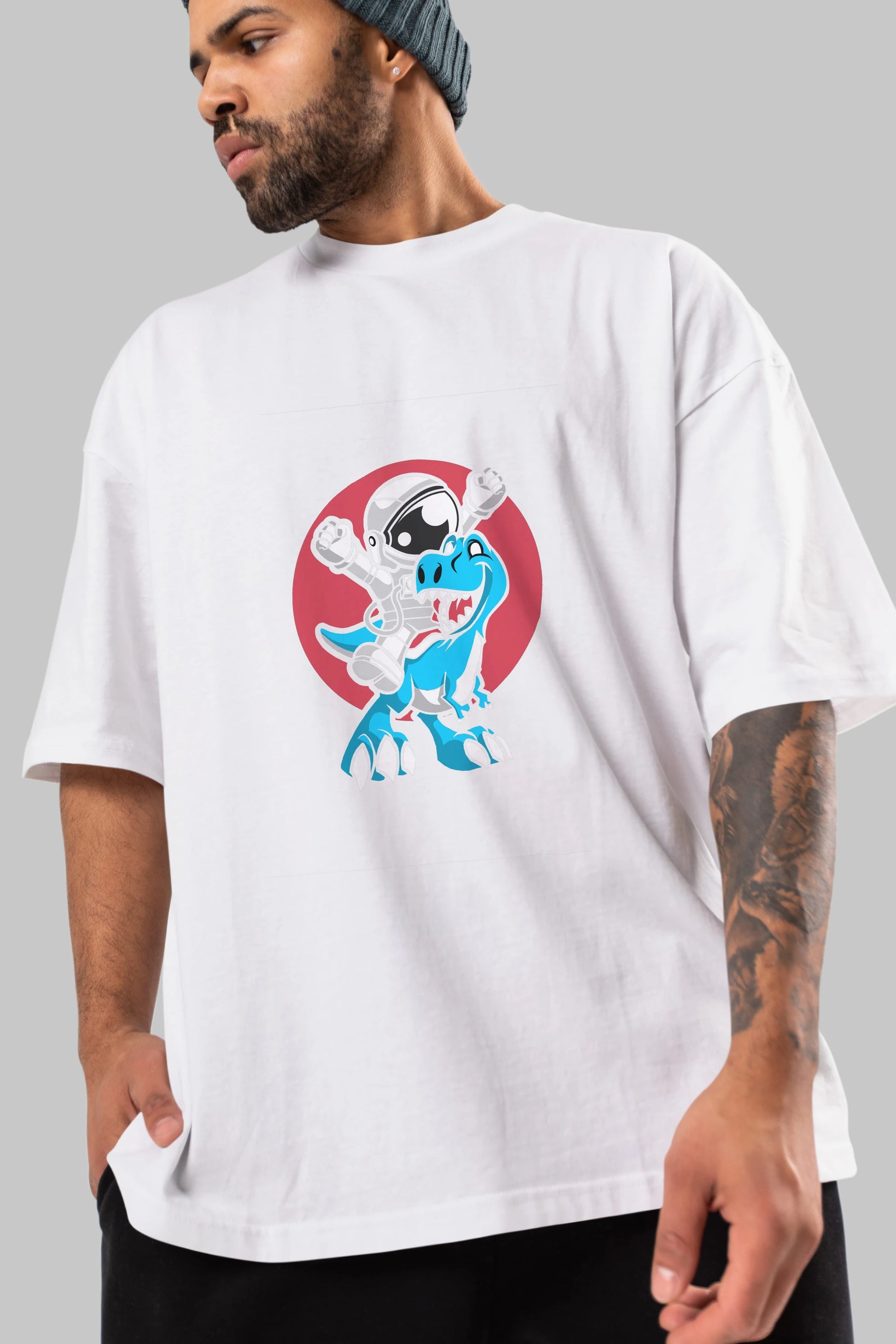 Astronaut Dino Ön Baskılı Oversize t-shirt Erkek Kadın Unisex %100 Pamuk tişort