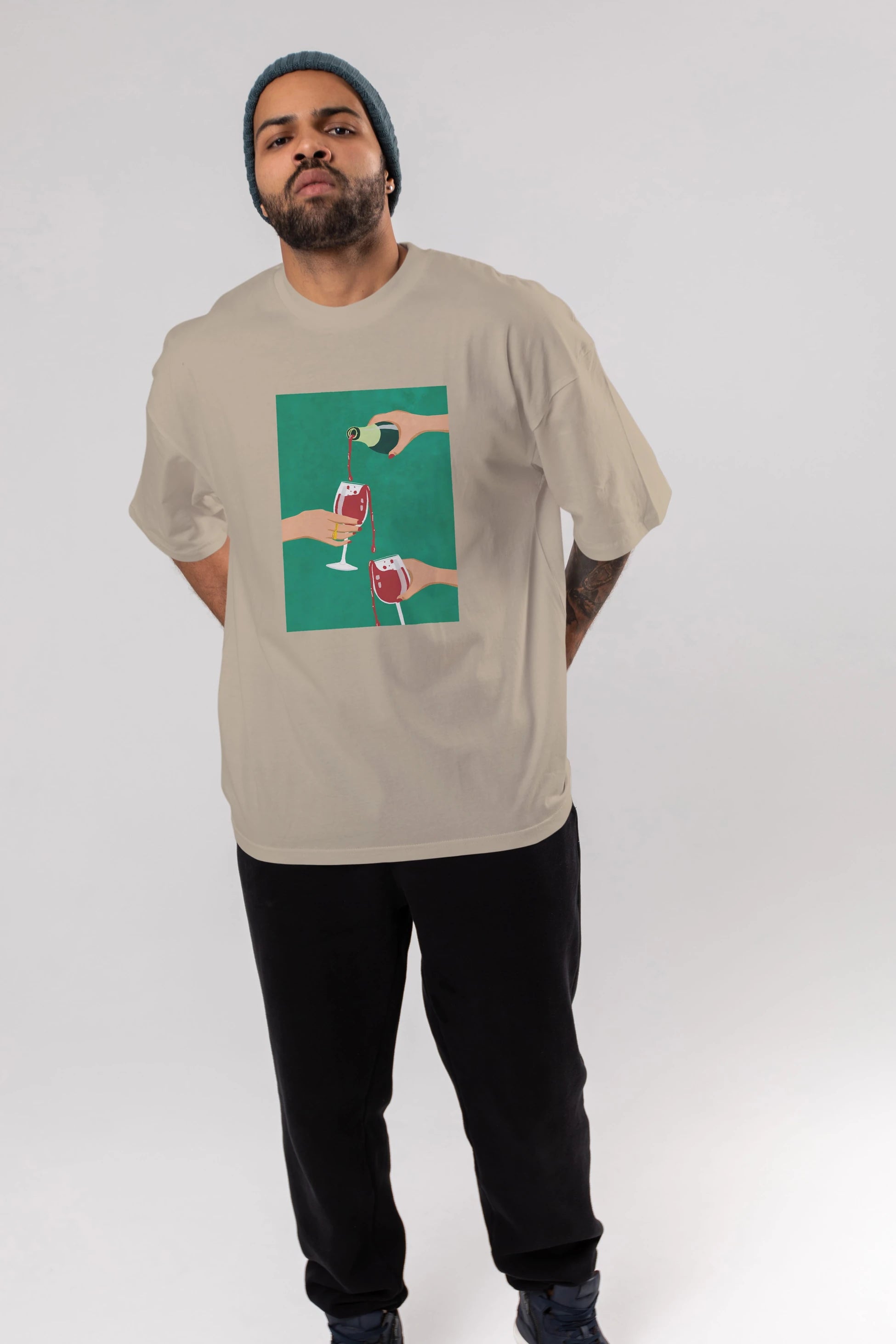 Wine 2 Ön Baskılı Oversize t-shirt Erkek Kadın Unisex %100 Pamuk Bisiklet Yaka tişort