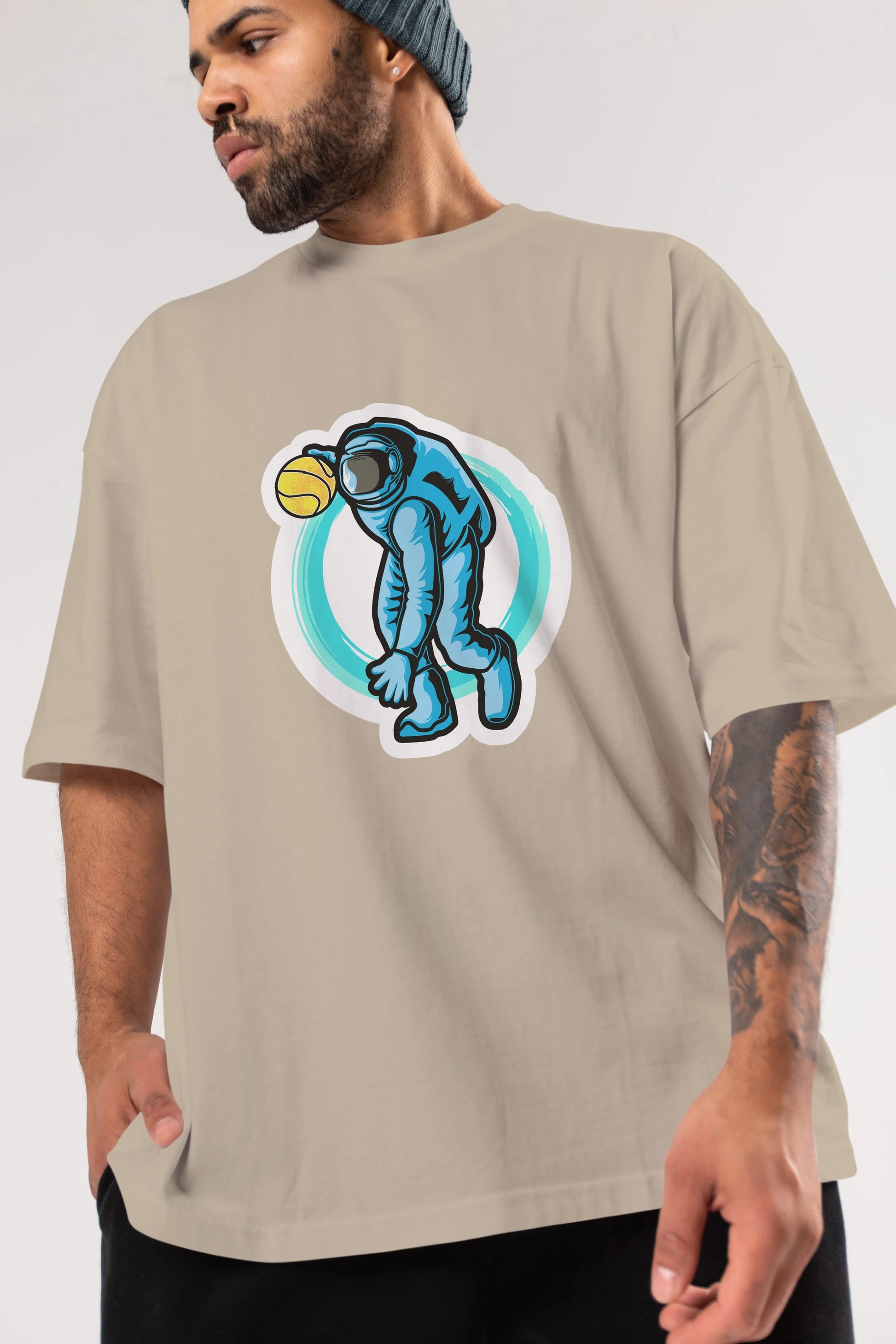 Astronaut Dribble Sticker Ön Baskılı Oversize t-shirt Erkek Kadın Unisex