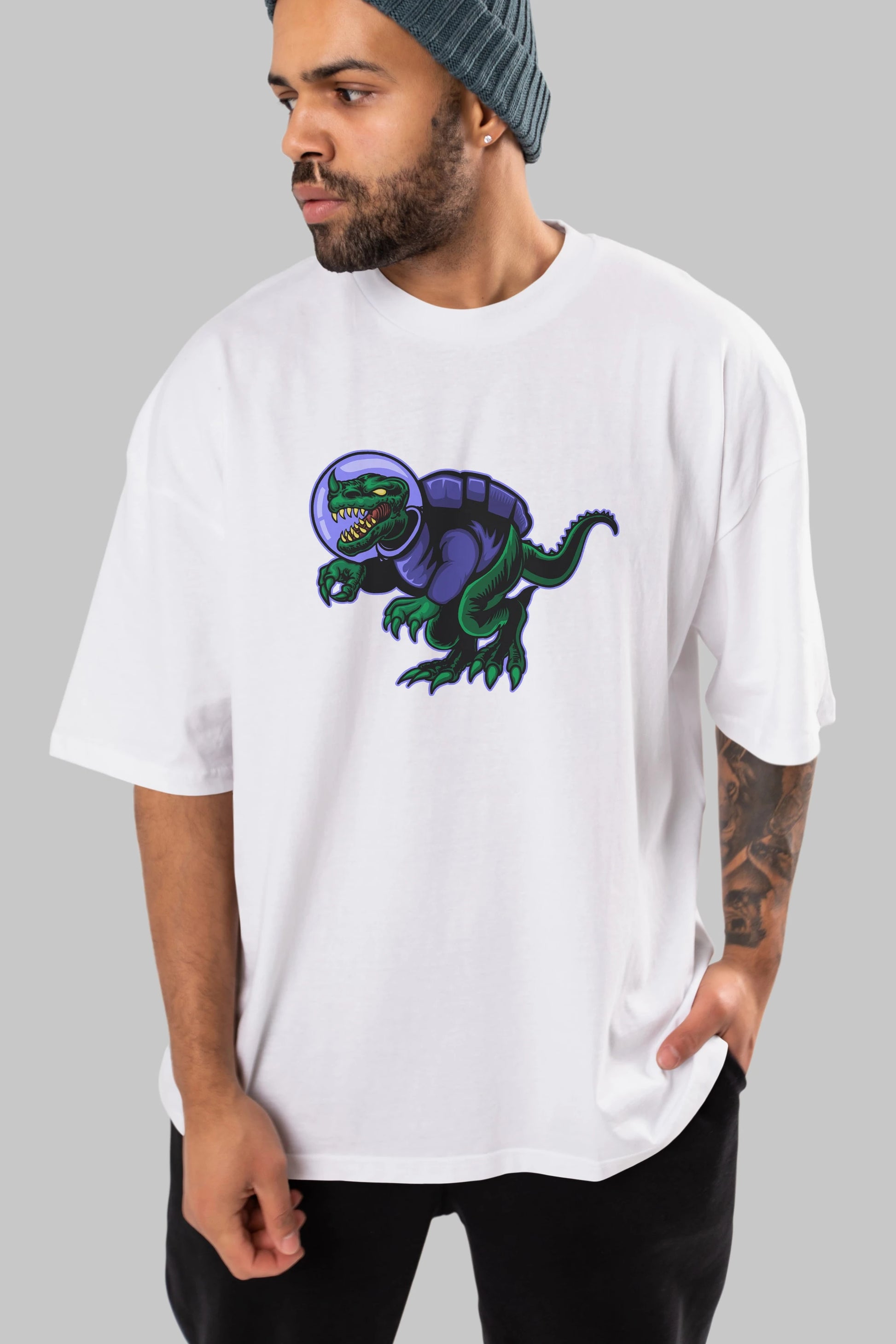Space Dino Ön Baskılı Oversize t-shirt Erkek Kadın Unisex