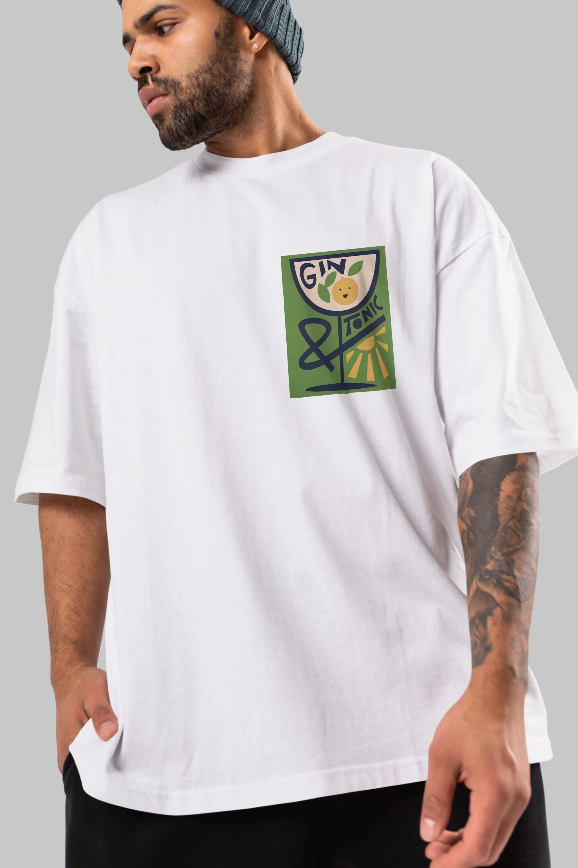 Gin Tonic 3 Ön Sol Baskılı Oversize t-shirt Erkek Kadın Unisex %100 Pamuk Bisiklet Yaka tişort