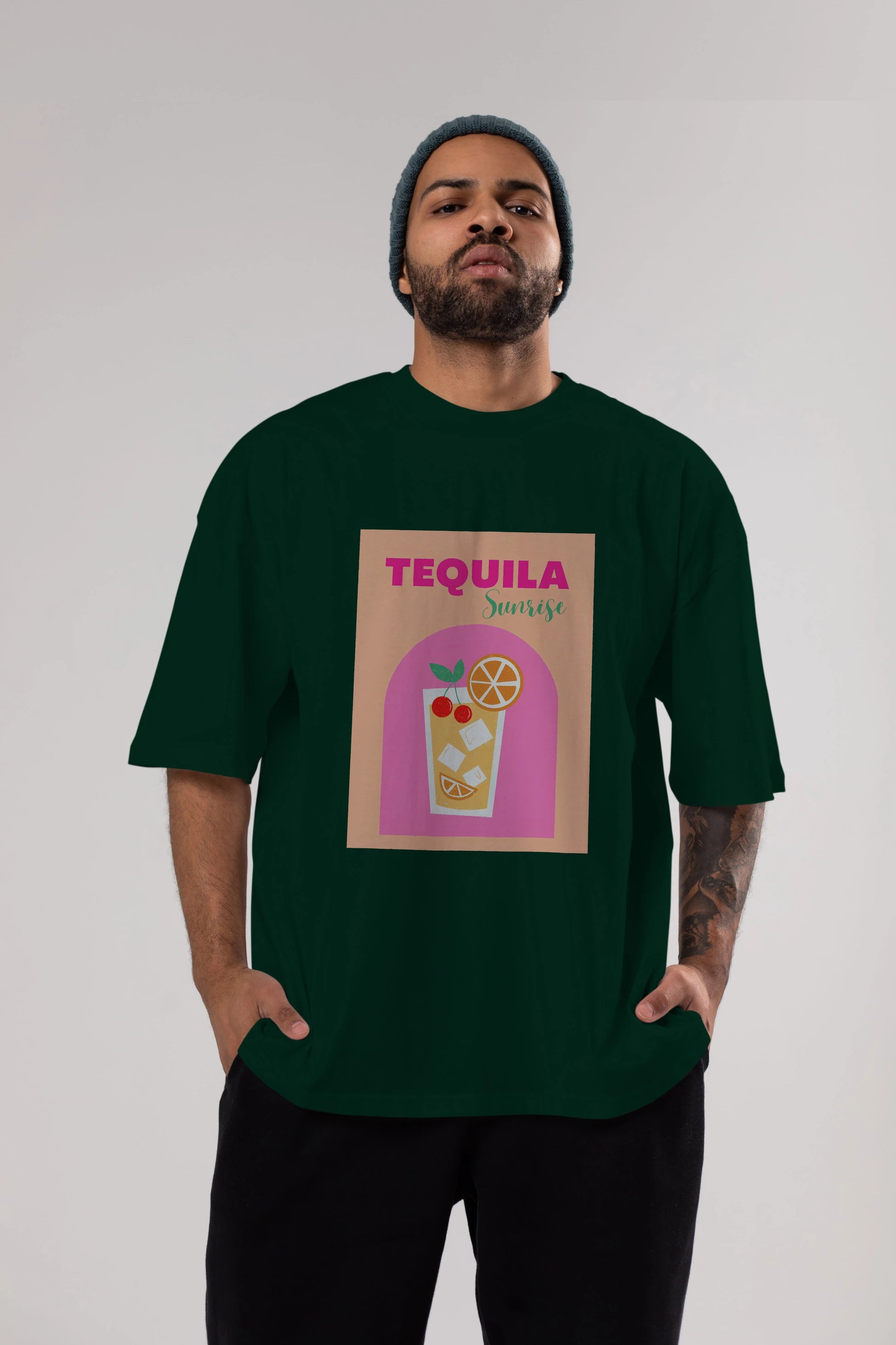 Tequila Sunrise 2 Ön Baskılı Oversize t-shirt Erkek Kadın Unisex %100 Pamuk Bisiklet Yaka tişort