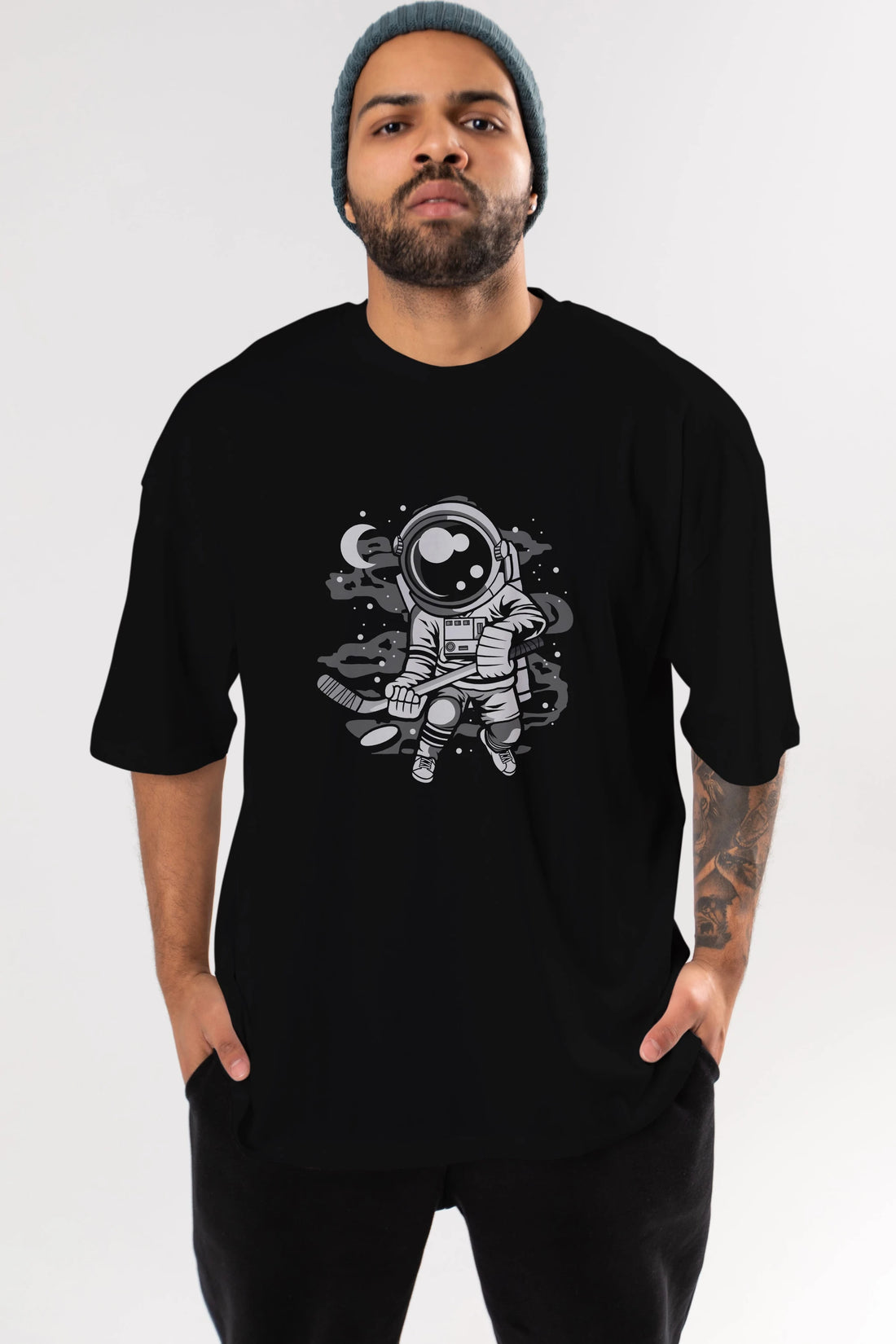Hockey Player Astronaut Ön Baskılı Oversize t-shirt Erkek Kadın Unisex