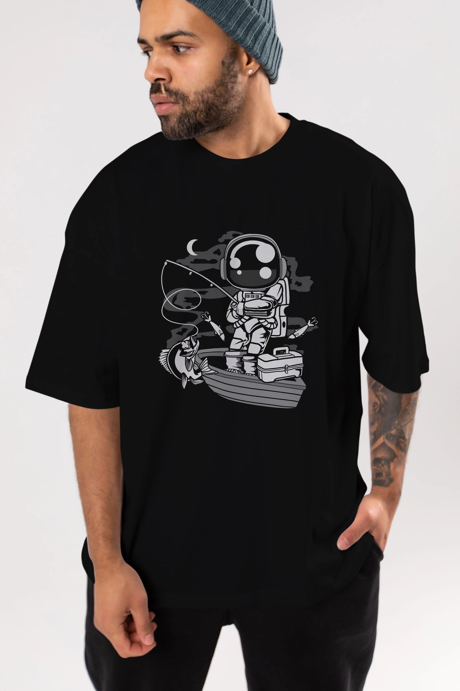 Astronaut Fisherman Ön Baskılı Oversize t-shirt Erkek Kadın Unisex
