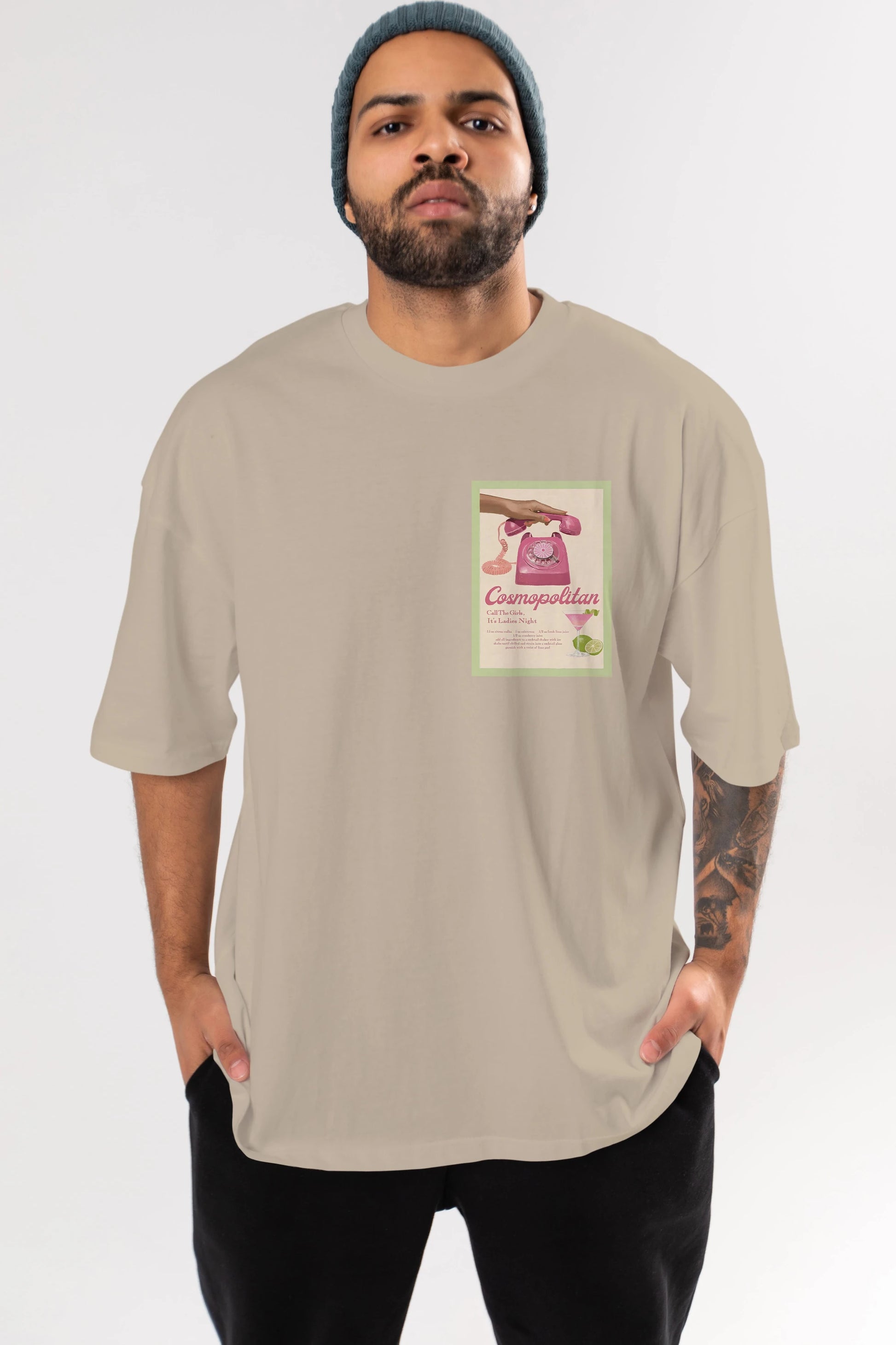 Cosmopolitan 5 Ön Sol Baskılı Oversize t-shirt Erkek Kadın Unisex %100 Pamuk Bisiklet Yaka tişort