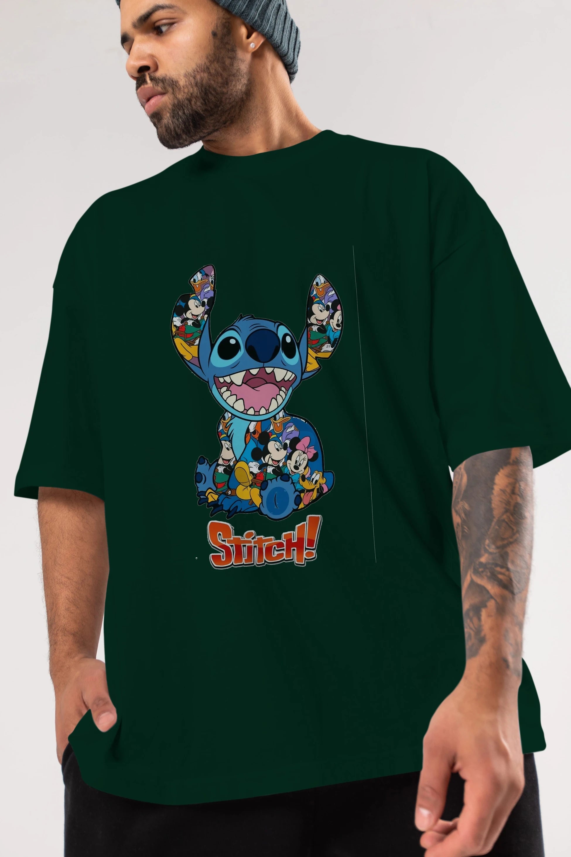 Stitch Ön Baskılı Oversize t-shirt Erkek Kadın Unisex %100 Pamuk Bisiklet Yaka tişort