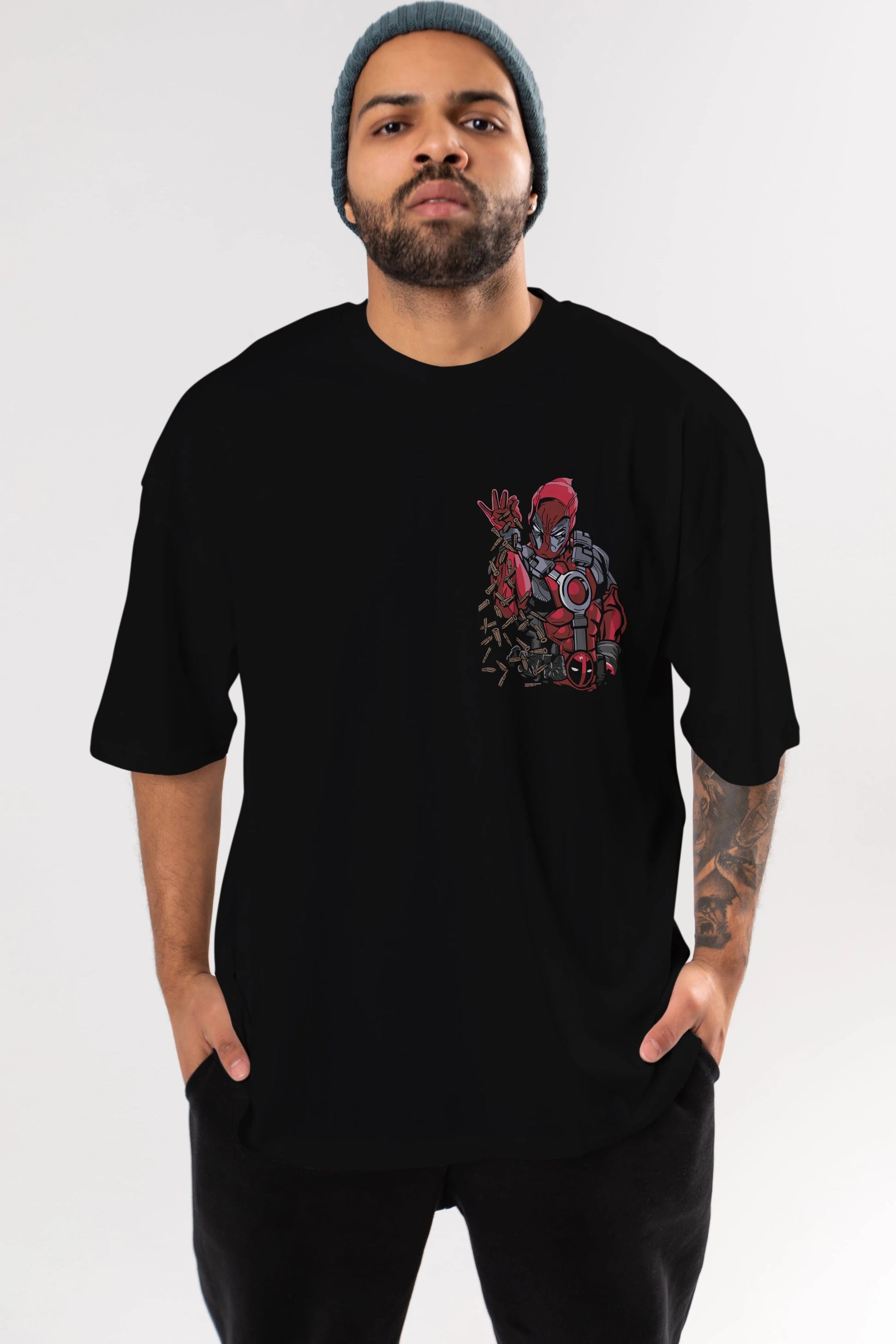 Deadpool (2) Ön Sol Baskılı Oversize t-shirt Erkek Kadın Unisex %100 Pamuk Bisiklet Yaka tişort