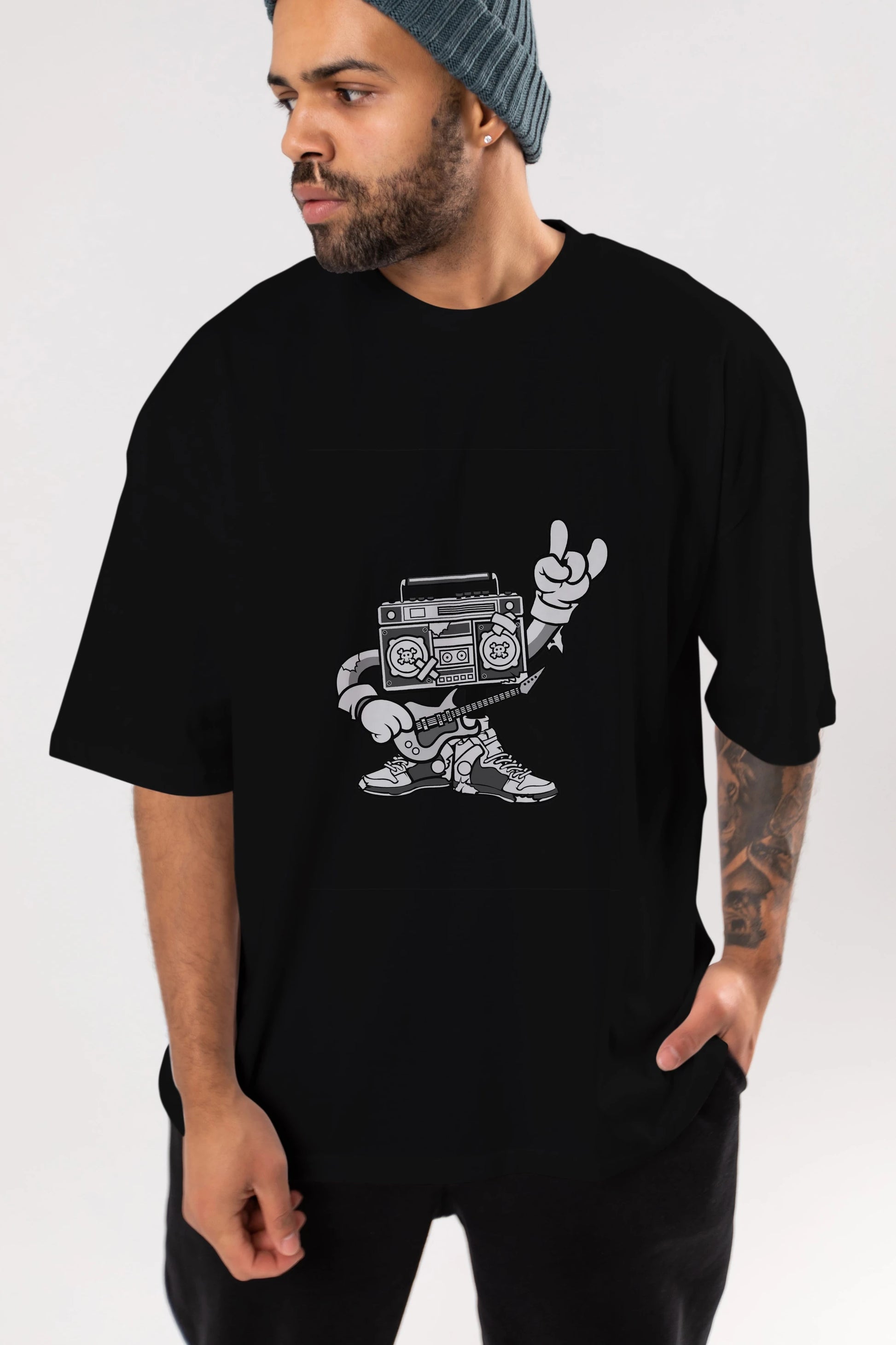 Boombox Rockstar Ön Baskılı Oversize t-shirt Erkek Kadın Unisex %100 Pamuk tişort