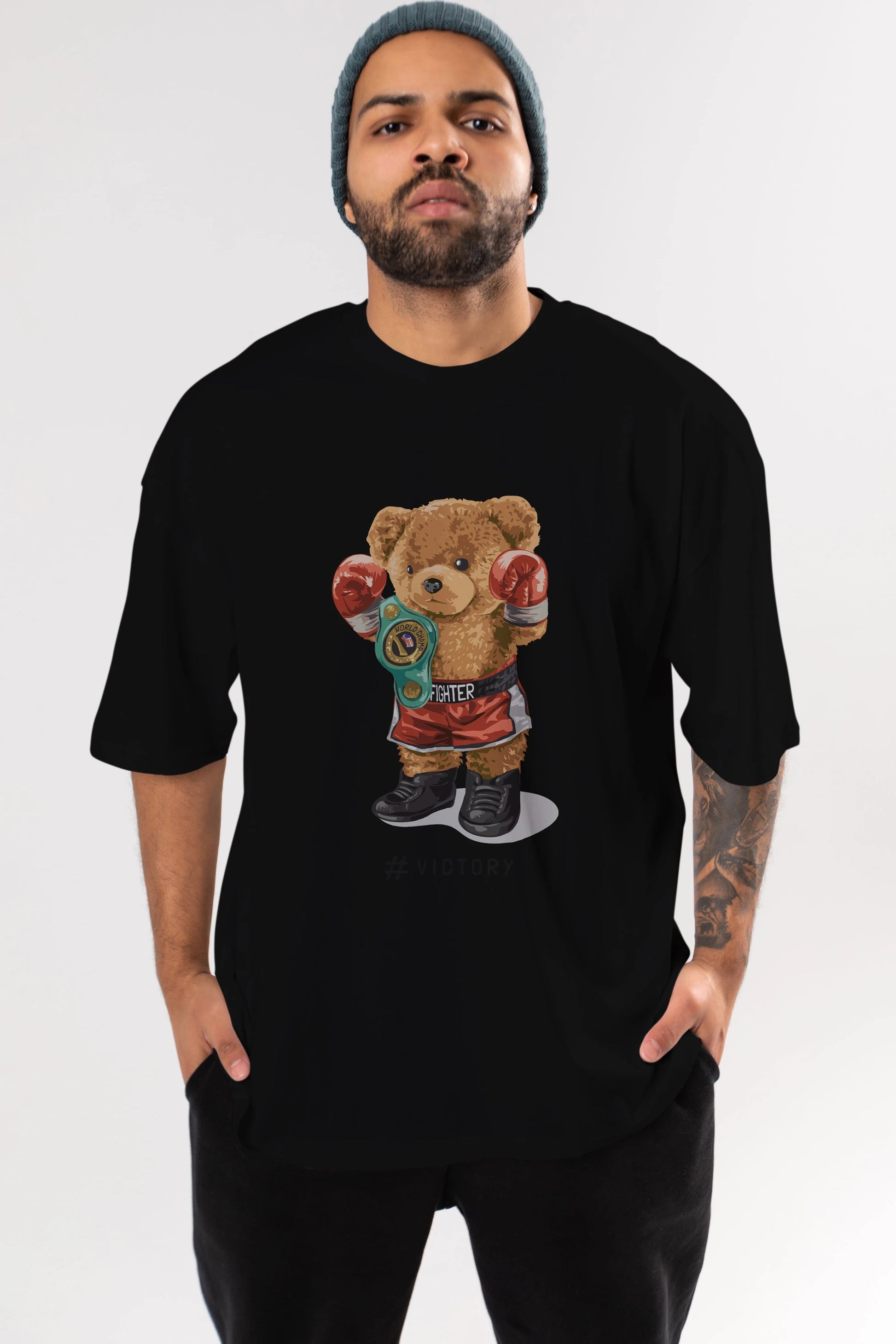 Teddy Bear Victory Ön Baskılı Oversize t-shirt Erkek Kadın Unisex %100 Pamuk