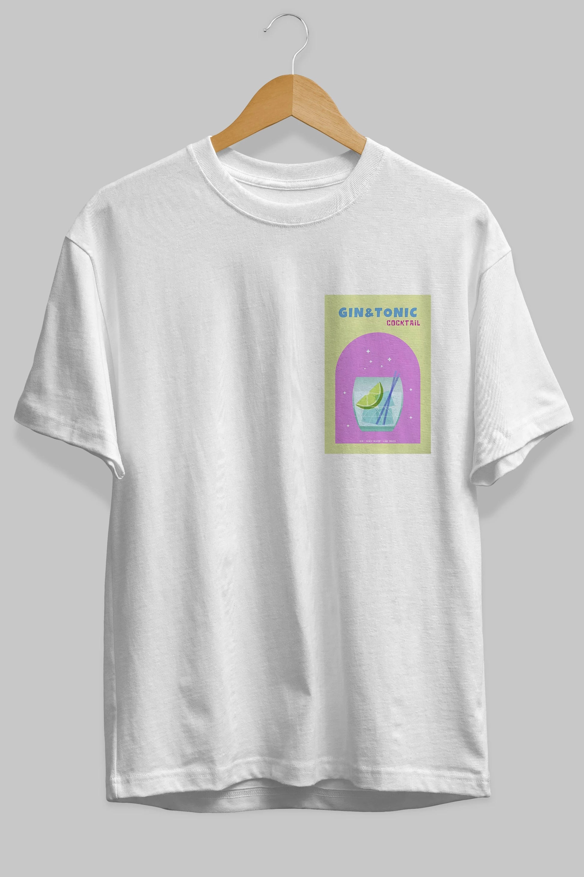 Gin Tonic Cocktail Ön Sol Baskılı Oversize t-shirt Erkek Kadın Unisex %100 Pamuk Bisiklet Yaka tişort