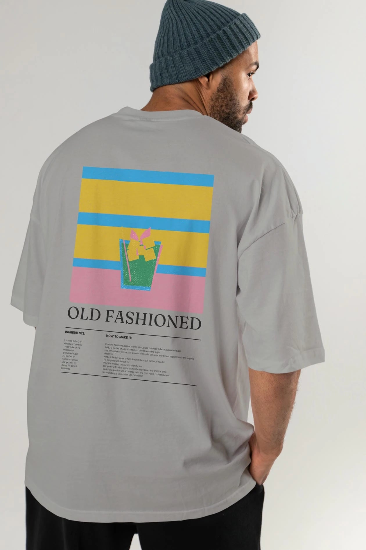Old Fashioned Kokteyl Serisi Arka Baskılı Oversize t-shirt Erkek Kadın %100 Pamuk Bisiklet Yaka tişort