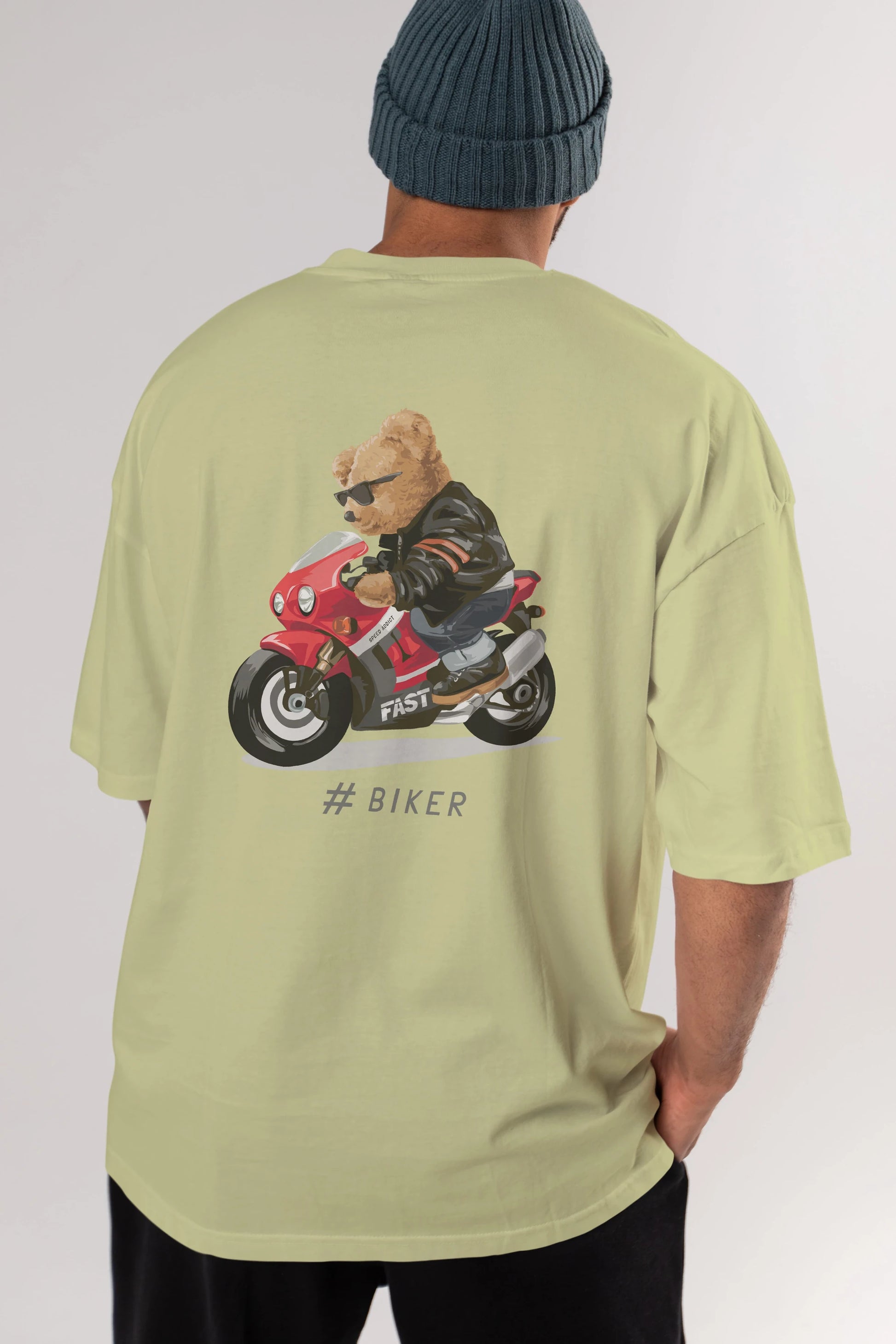 Teddy Bear Biker Arka Baskılı Oversize t-shirt Erkek Kadın Unisex %100 Pamuk