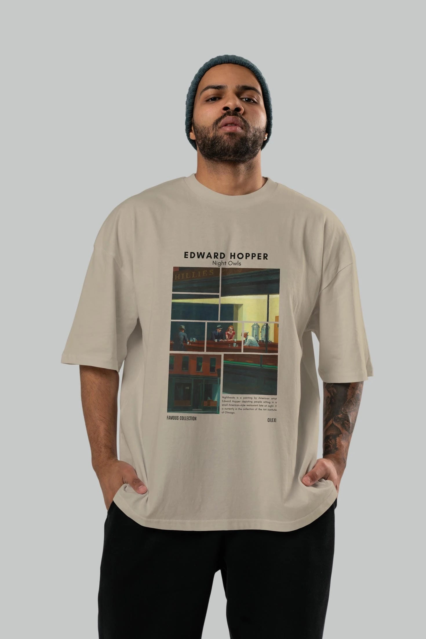 Edward Hopper Night Owls ön Baskılı Oversize t-shirt Erkek Kadın Bisiklet Yaka Pamuk tişort
