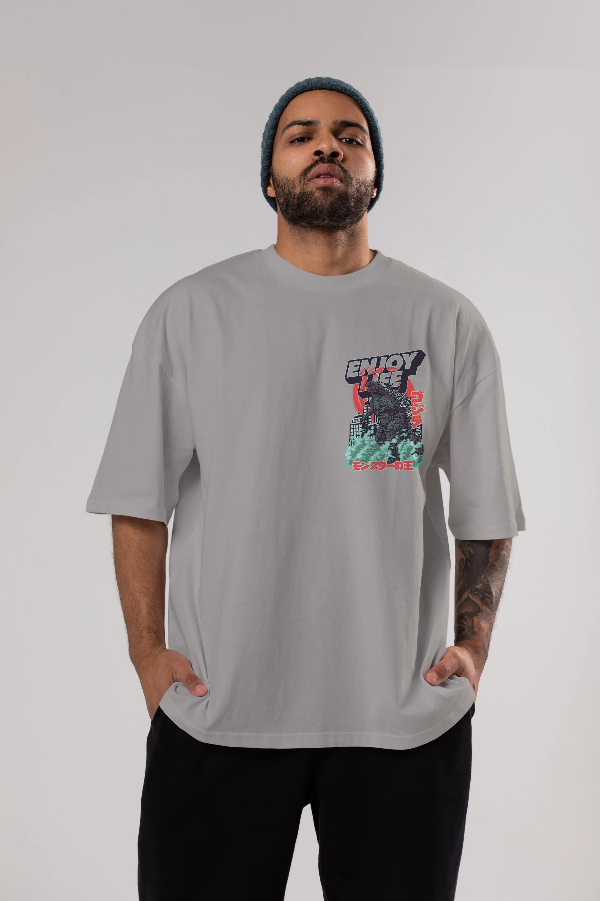 Godzilla Ön Sol Baskılı Oversize t-shirt Erkek Kadın Unisex %100 Pamuk Bisiklet Yaka tişort
